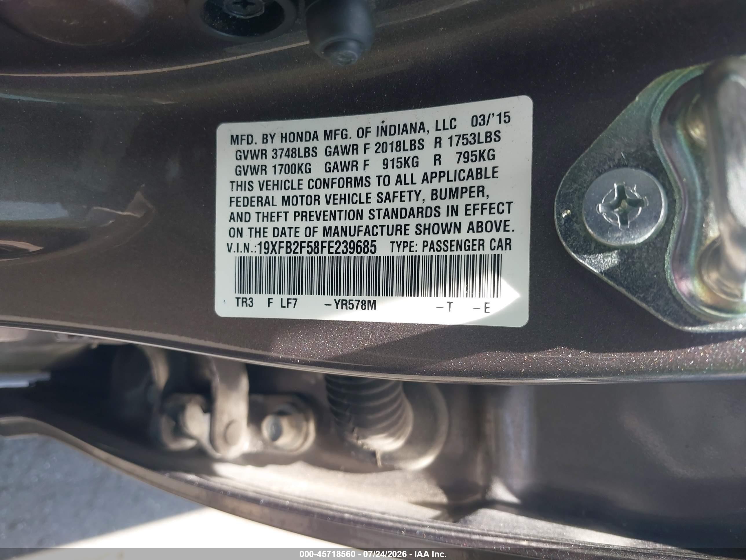 2015 Honda Civic Lx Gray vin: 19XFB2F58FE239685