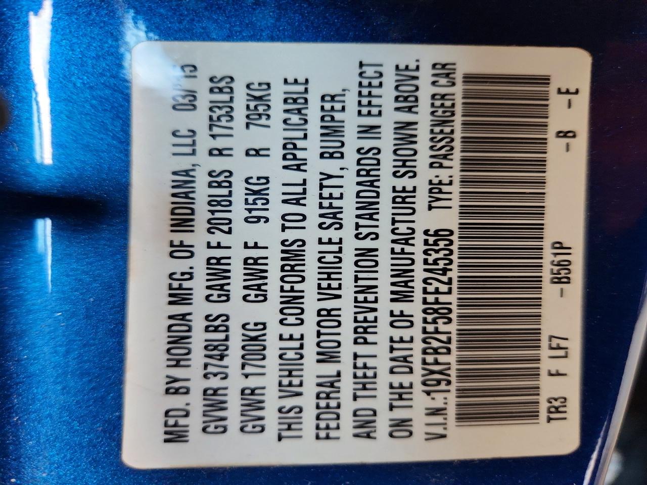 2015 Honda Civic Lx Blue vin: 19XFB2F58FE245356