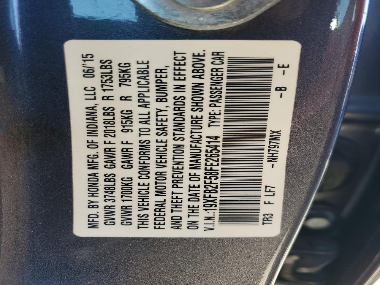 2015 Honda Civic Lx Серый vin: 19XFB2F58FE265414