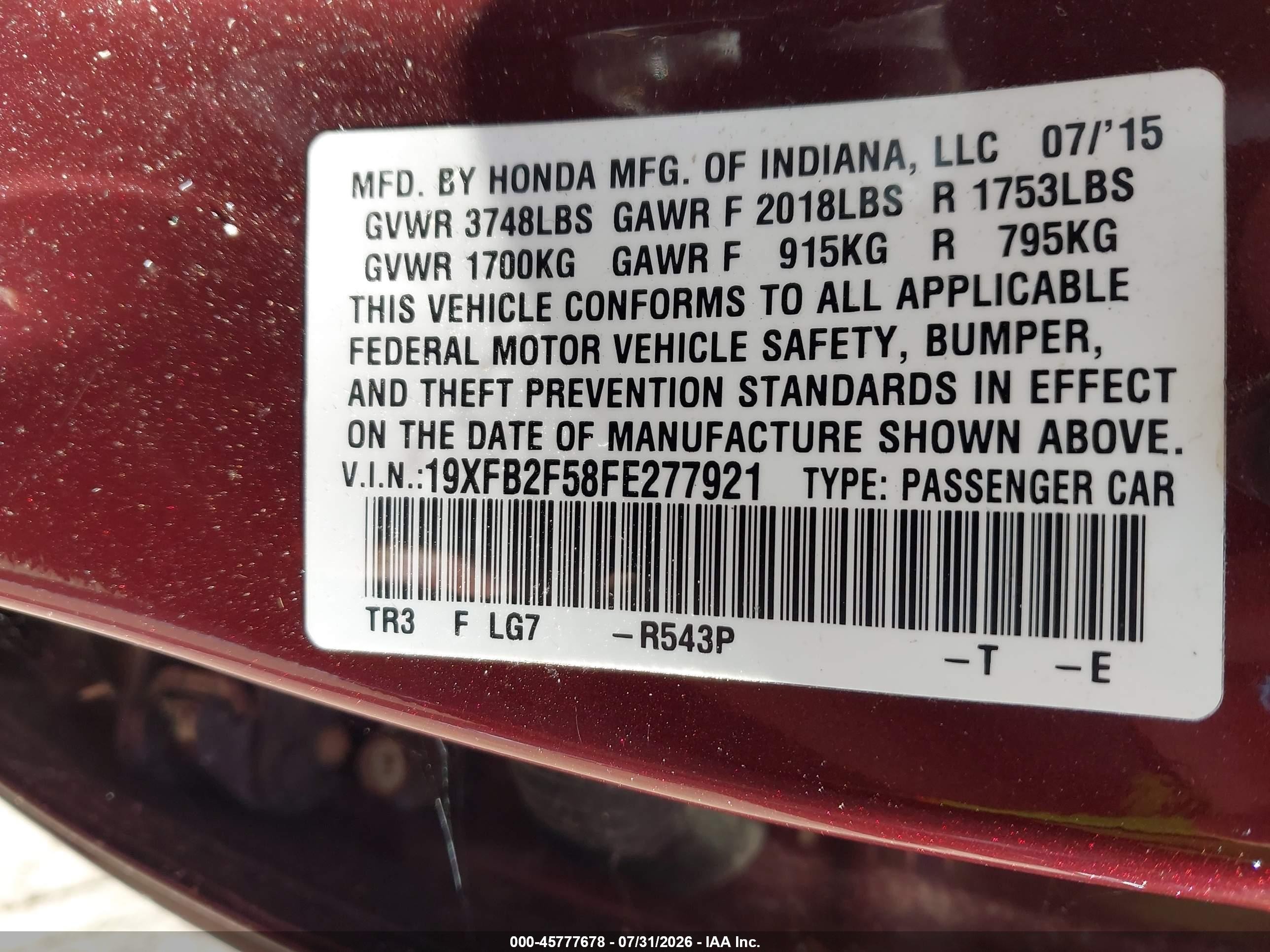 2015 Honda Civic Lx Burgundy vin: 19XFB2F58FE277921