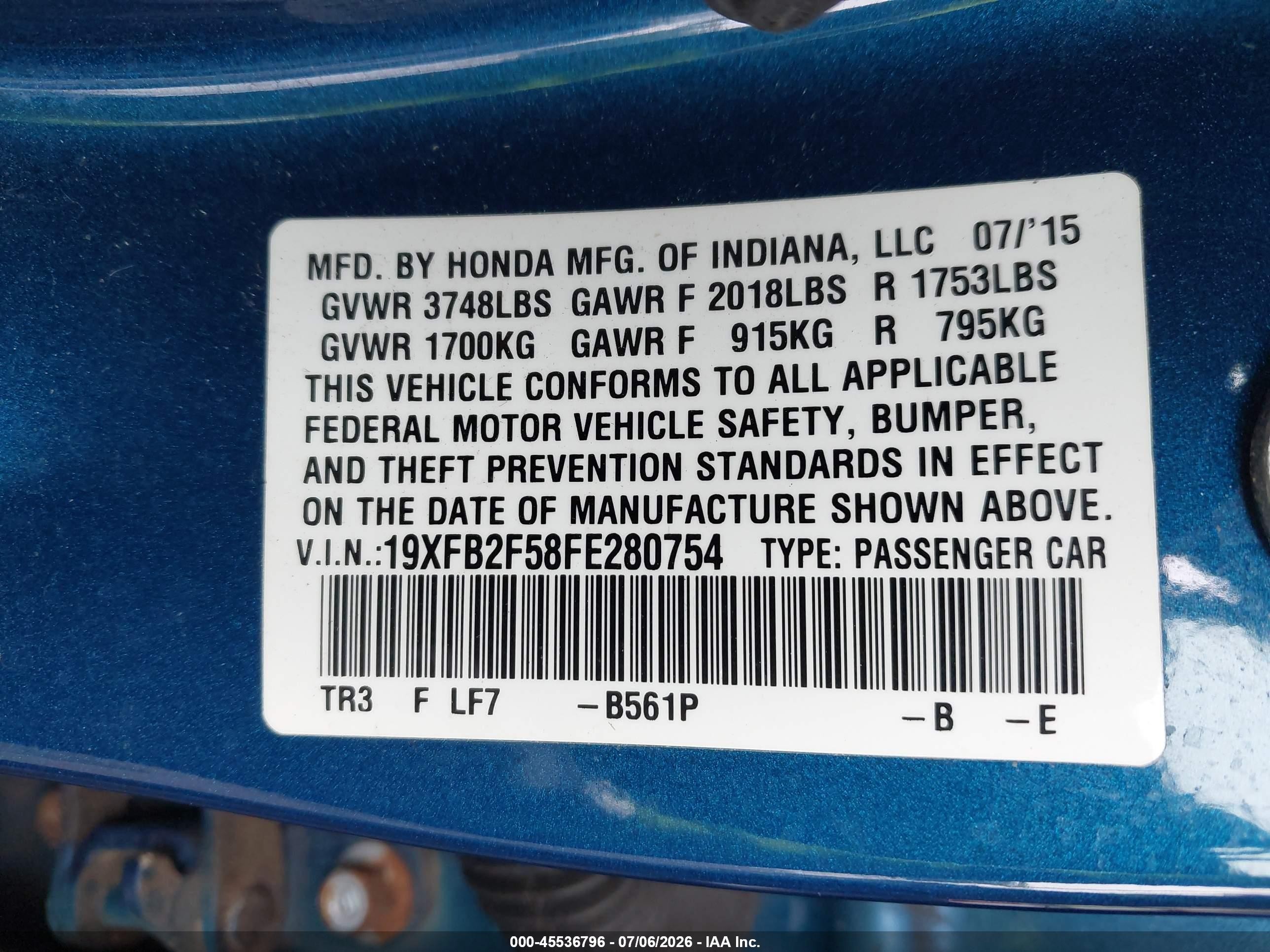 2015 Honda Civic Lx Blue vin: 19XFB2F58FE280754