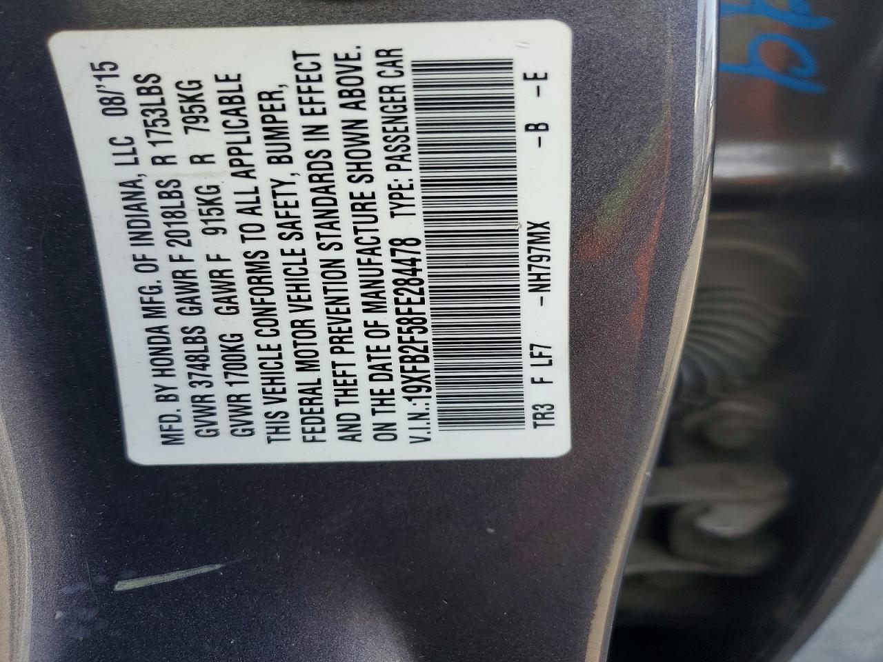 2015 Honda Civic Lx Gray vin: 19XFB2F58FE284478