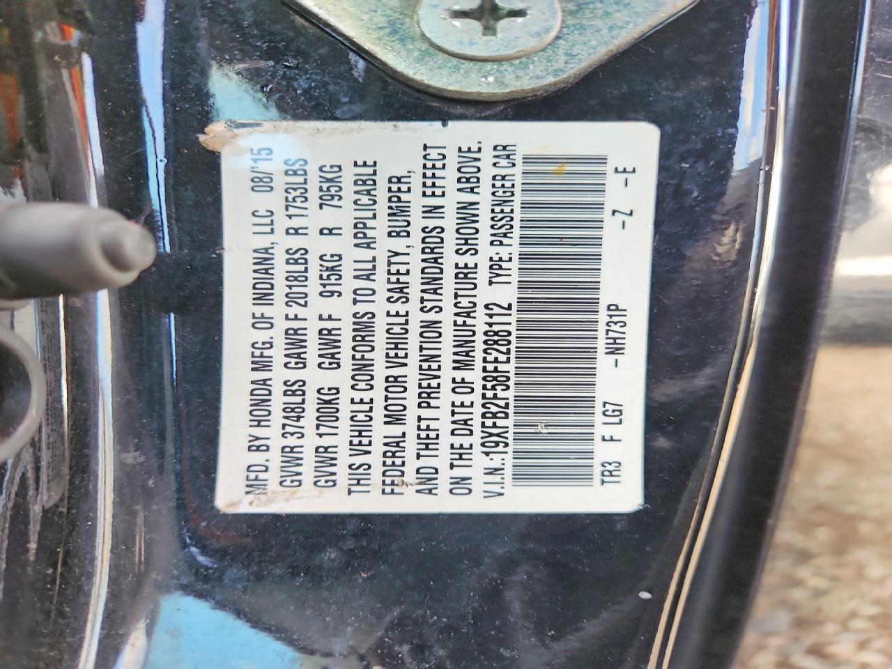 2015 Honda Civic Lx Black vin: 19XFB2F58FE288112