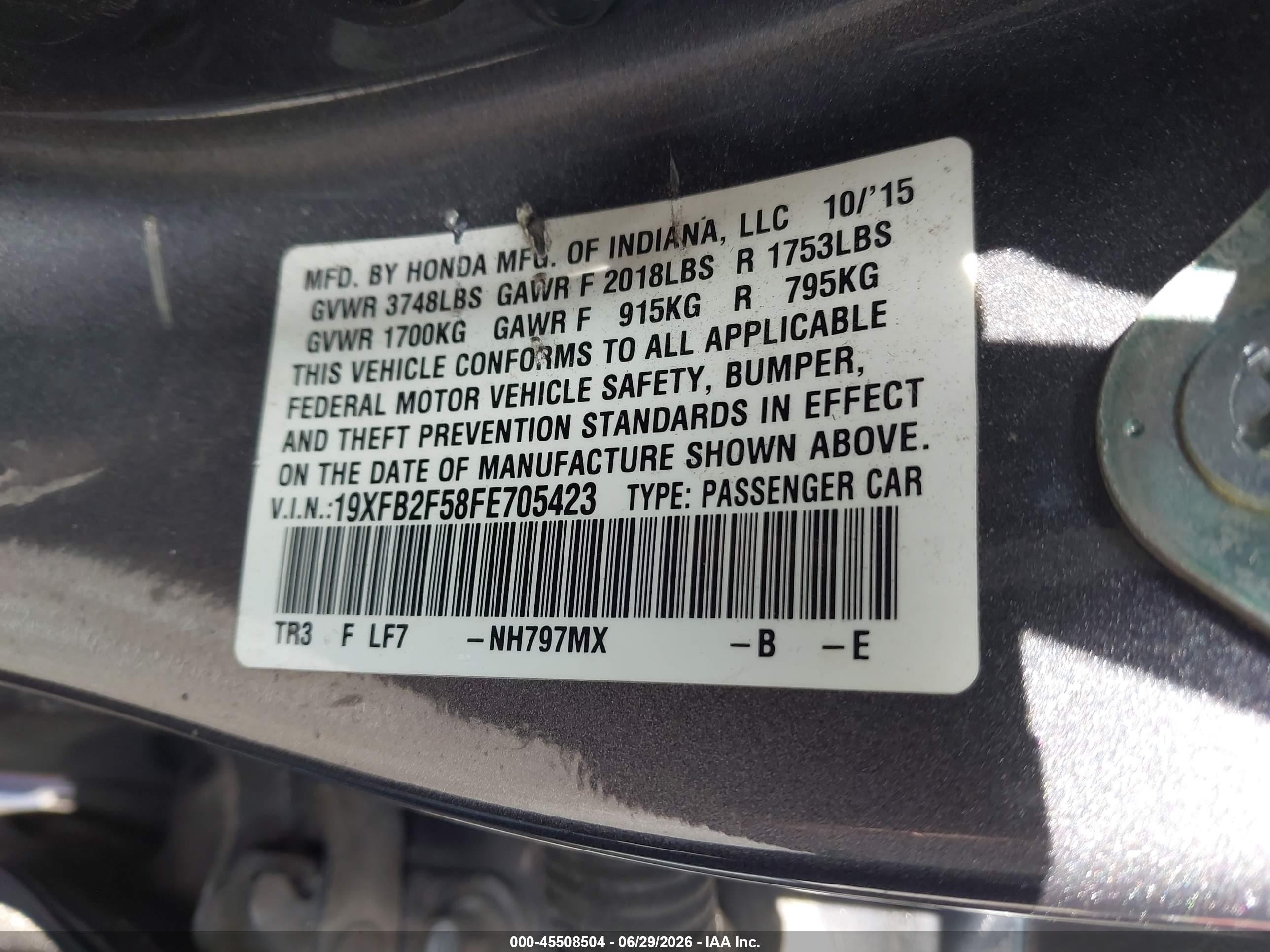2015 Honda Civic Lx Gray vin: 19XFB2F58FE705423