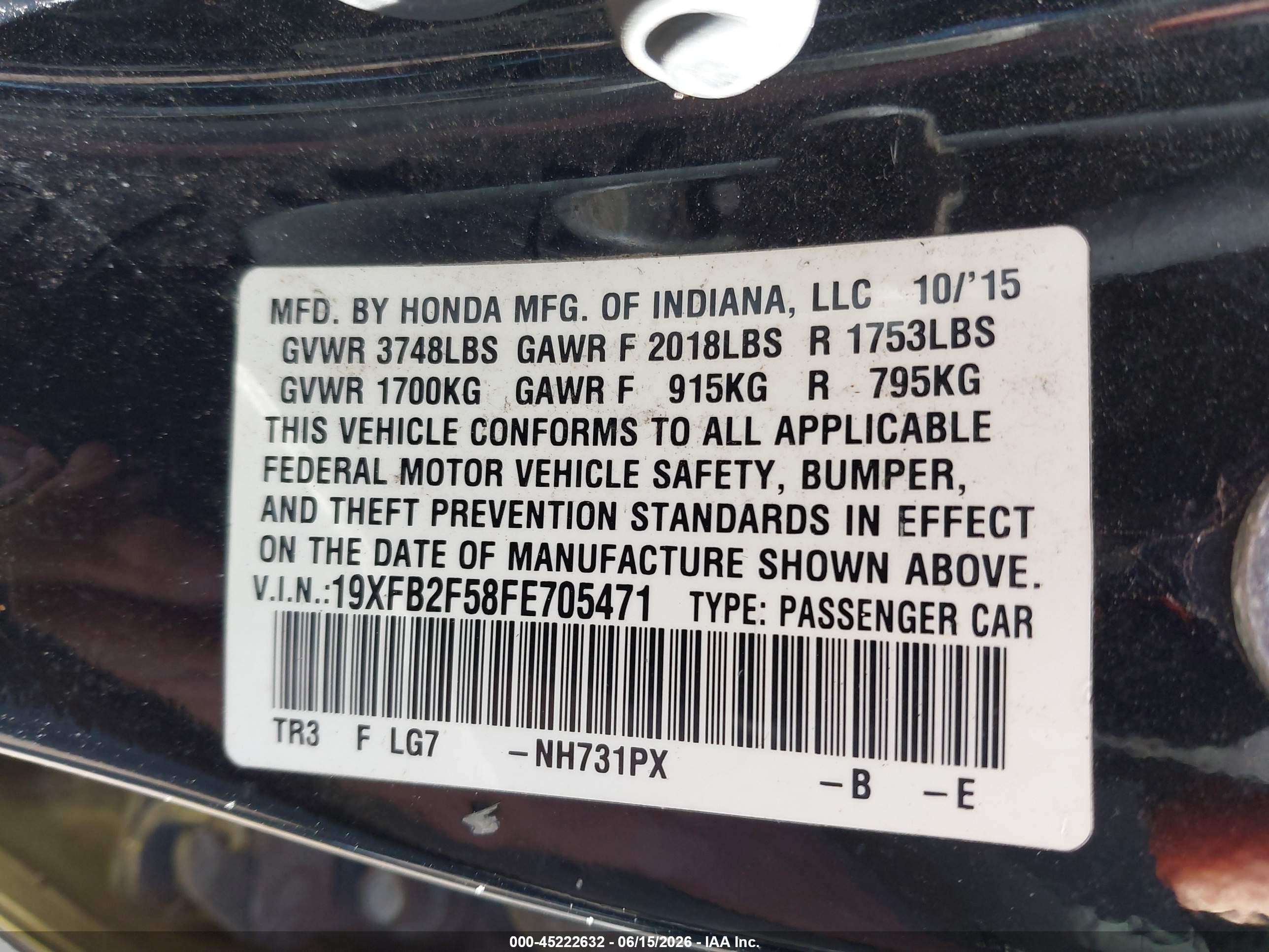 2015 Honda Civic Lx Черный vin: 19XFB2F58FE705471