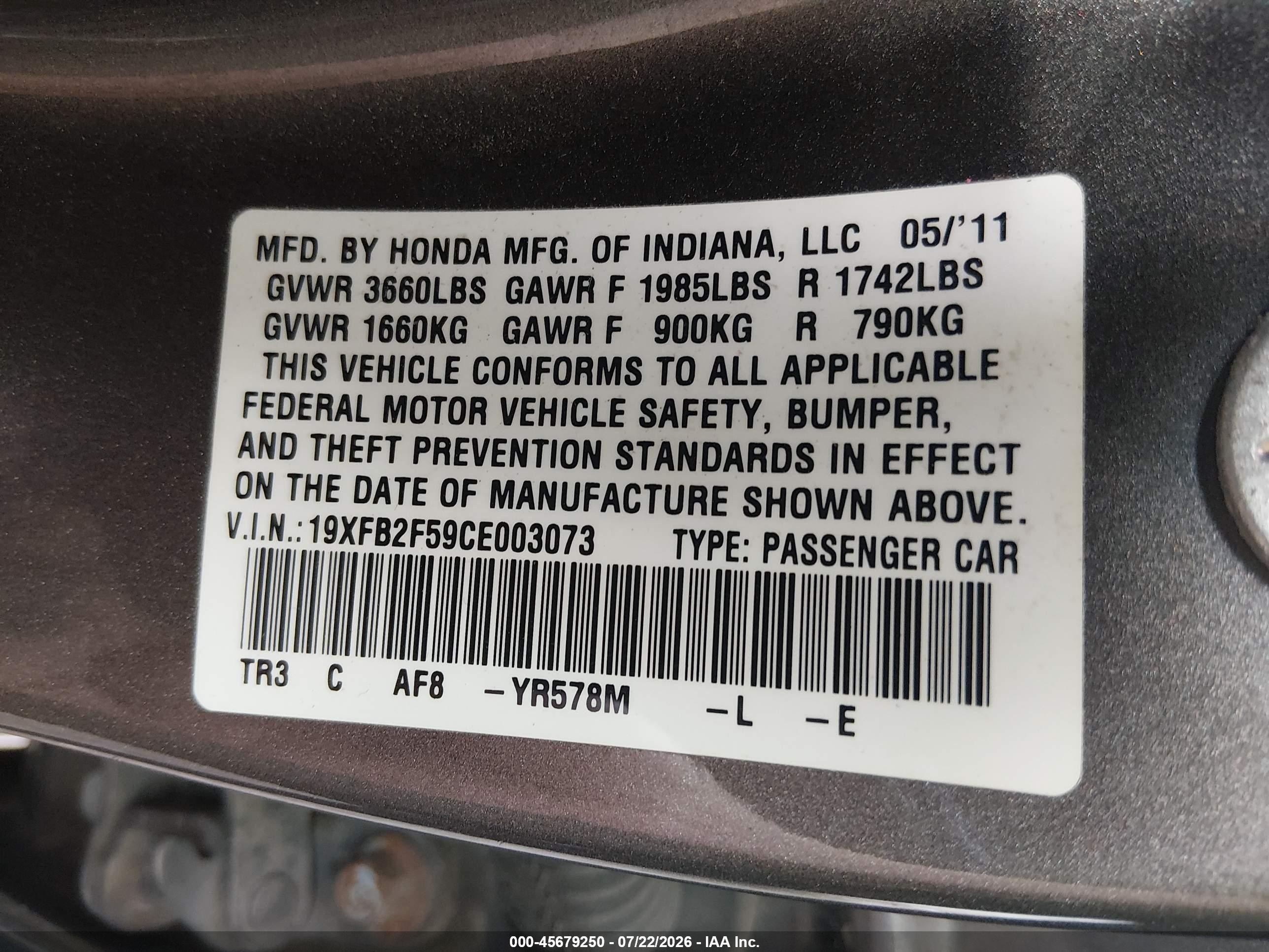 2012 Honda Civic Lx Gray vin: 19XFB2F59CE003073