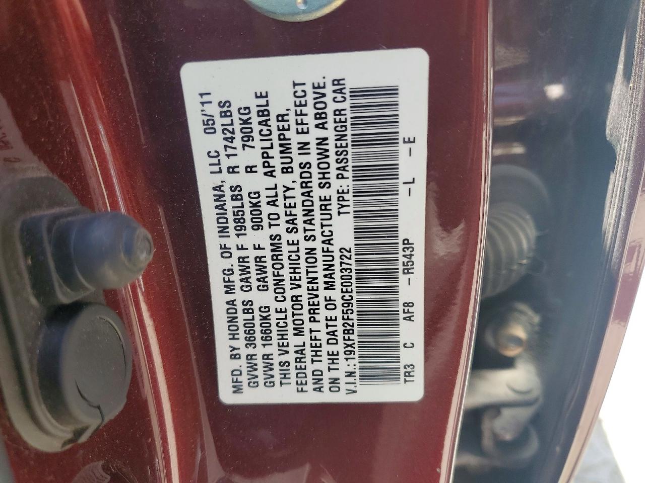 2012 Honda Civic Lx Red vin: 19XFB2F59CE003722
