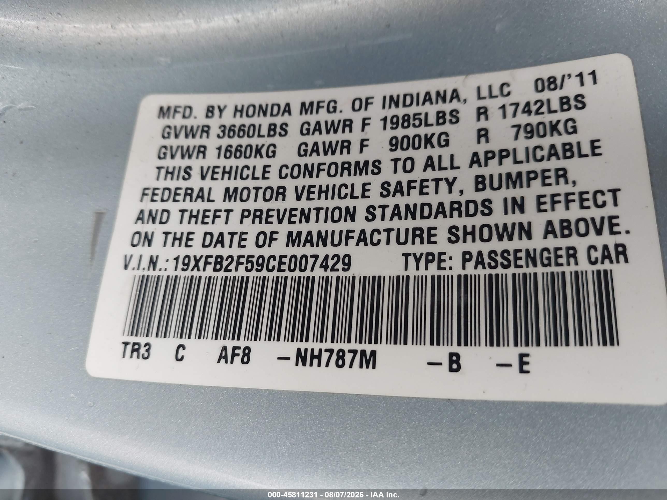 2012 Honda Civic Lx Light Blue vin: 19XFB2F59CE007429