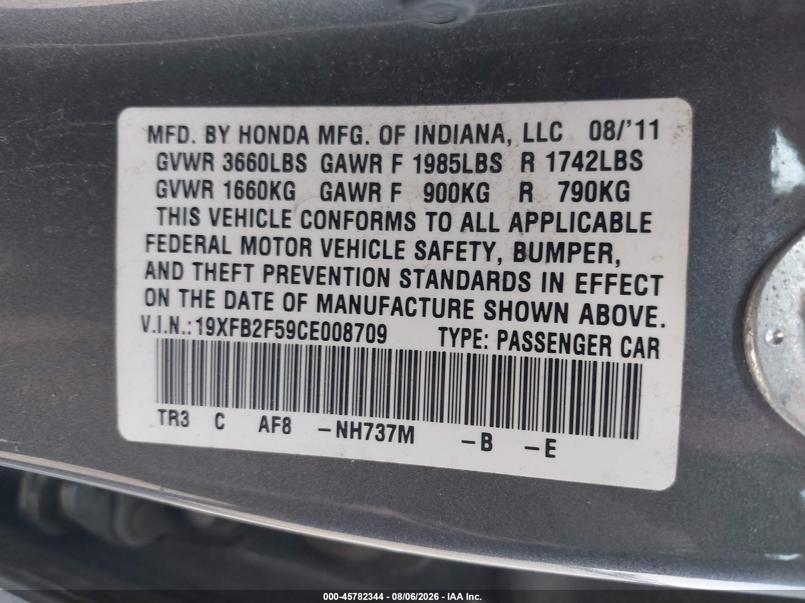 2012 Honda Civic Lx Gray vin: 19XFB2F59CE008709