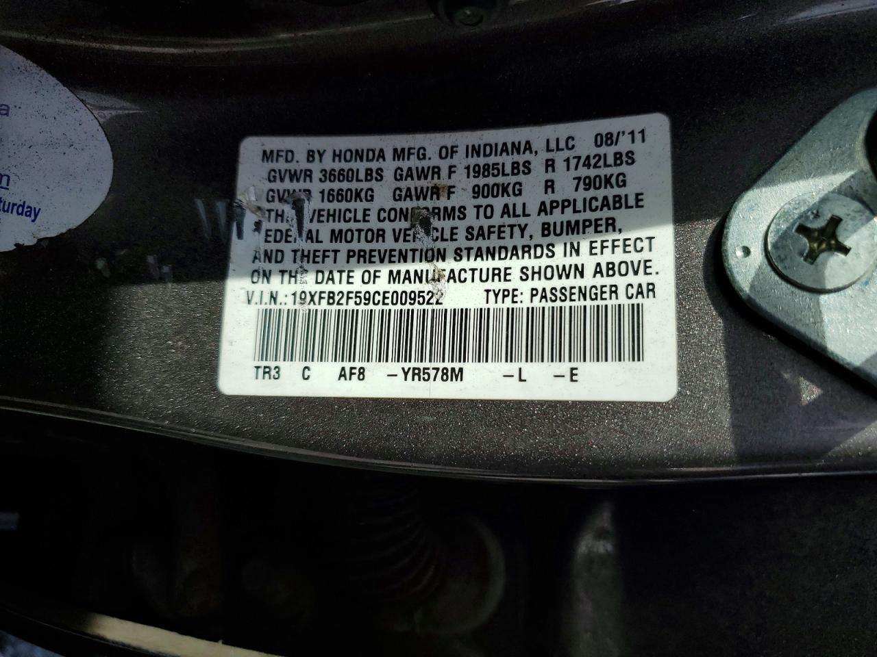 2012 Honda Civic Lx Gray vin: 19XFB2F59CE009522