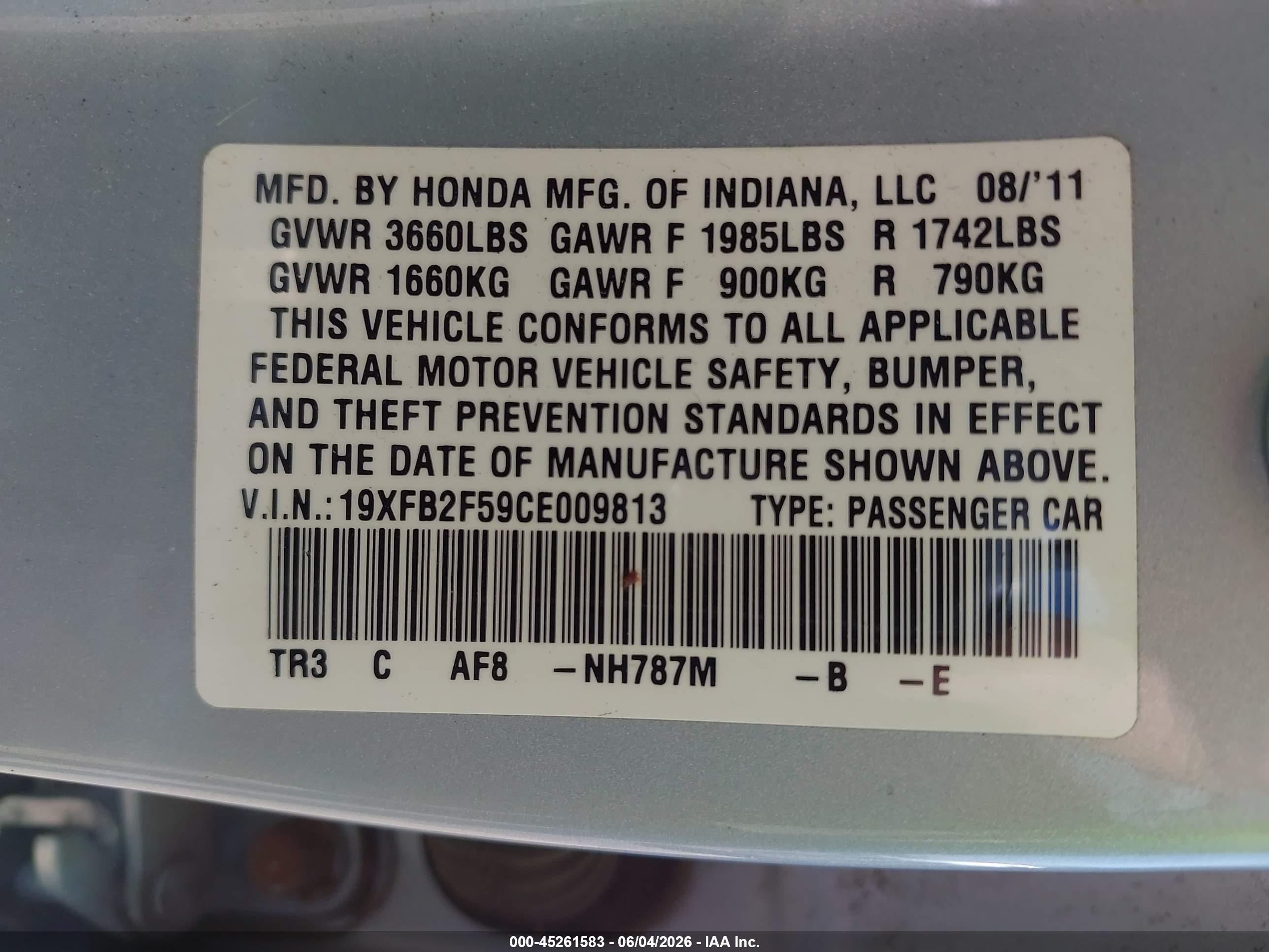 2012 Honda Civic Lx Light Blue vin: 19XFB2F59CE009813