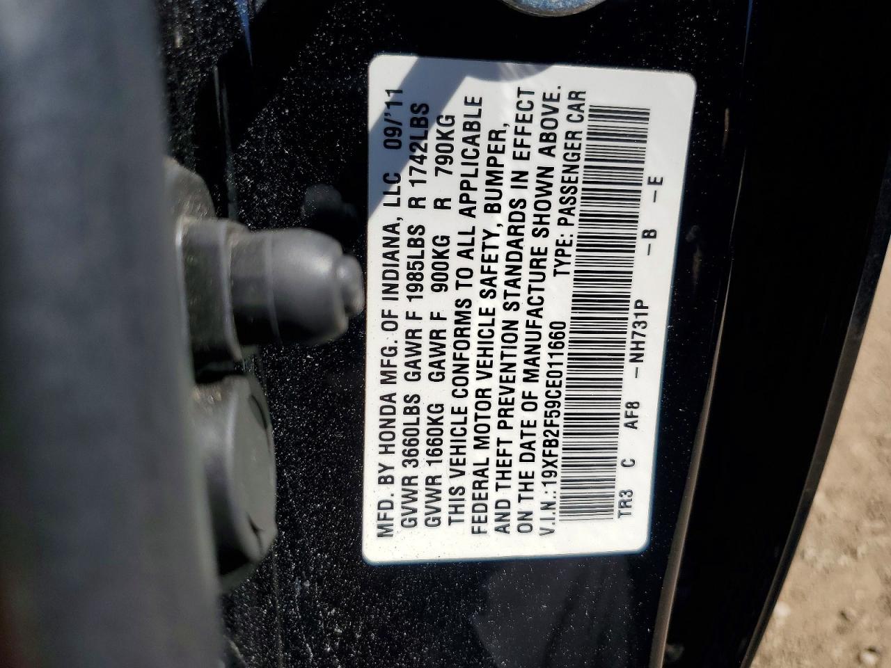 2012 Honda Civic Lx Black vin: 19XFB2F59CE011660