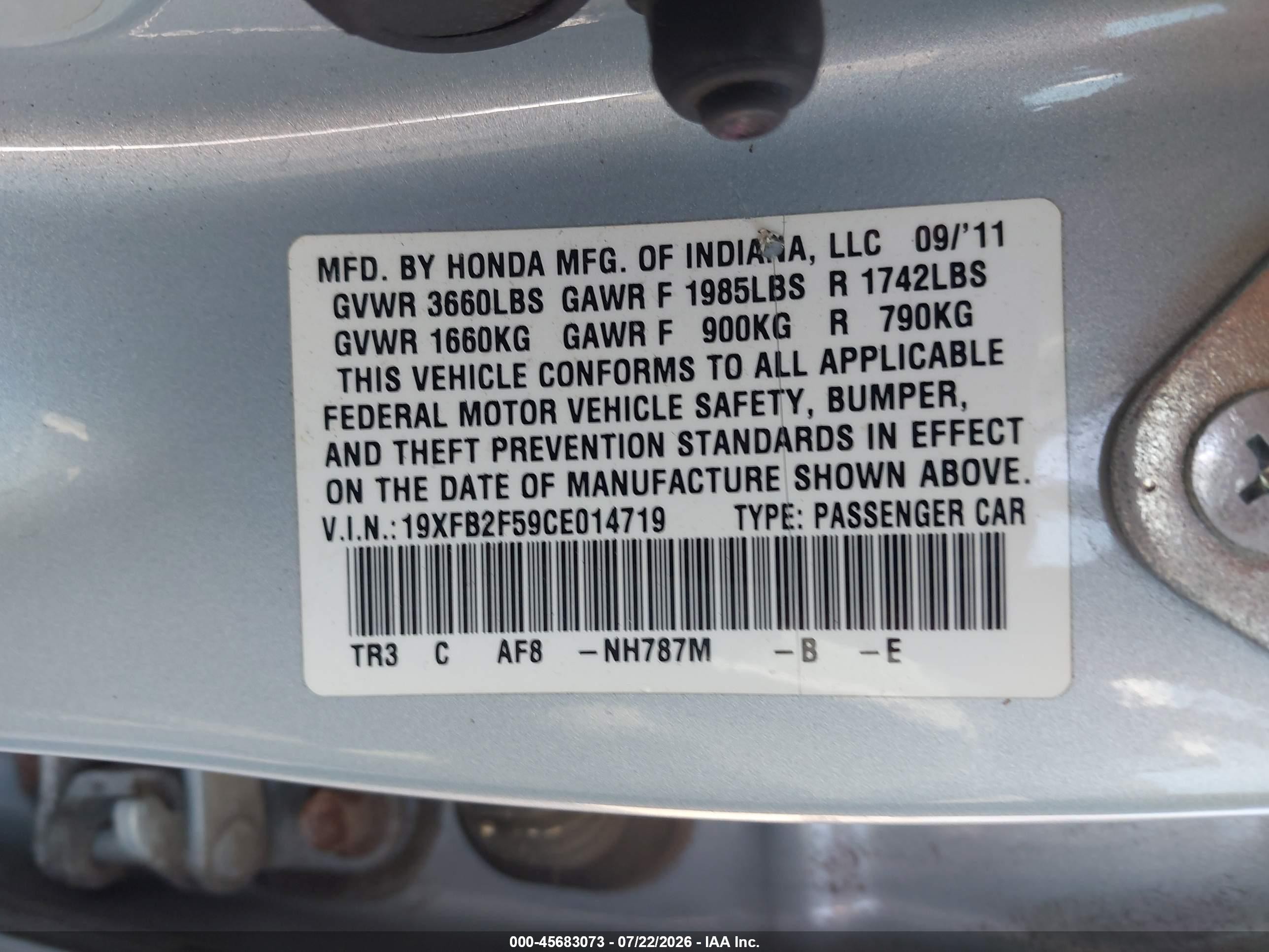 2012 Honda Civic Lx Silver vin: 19XFB2F59CE014719