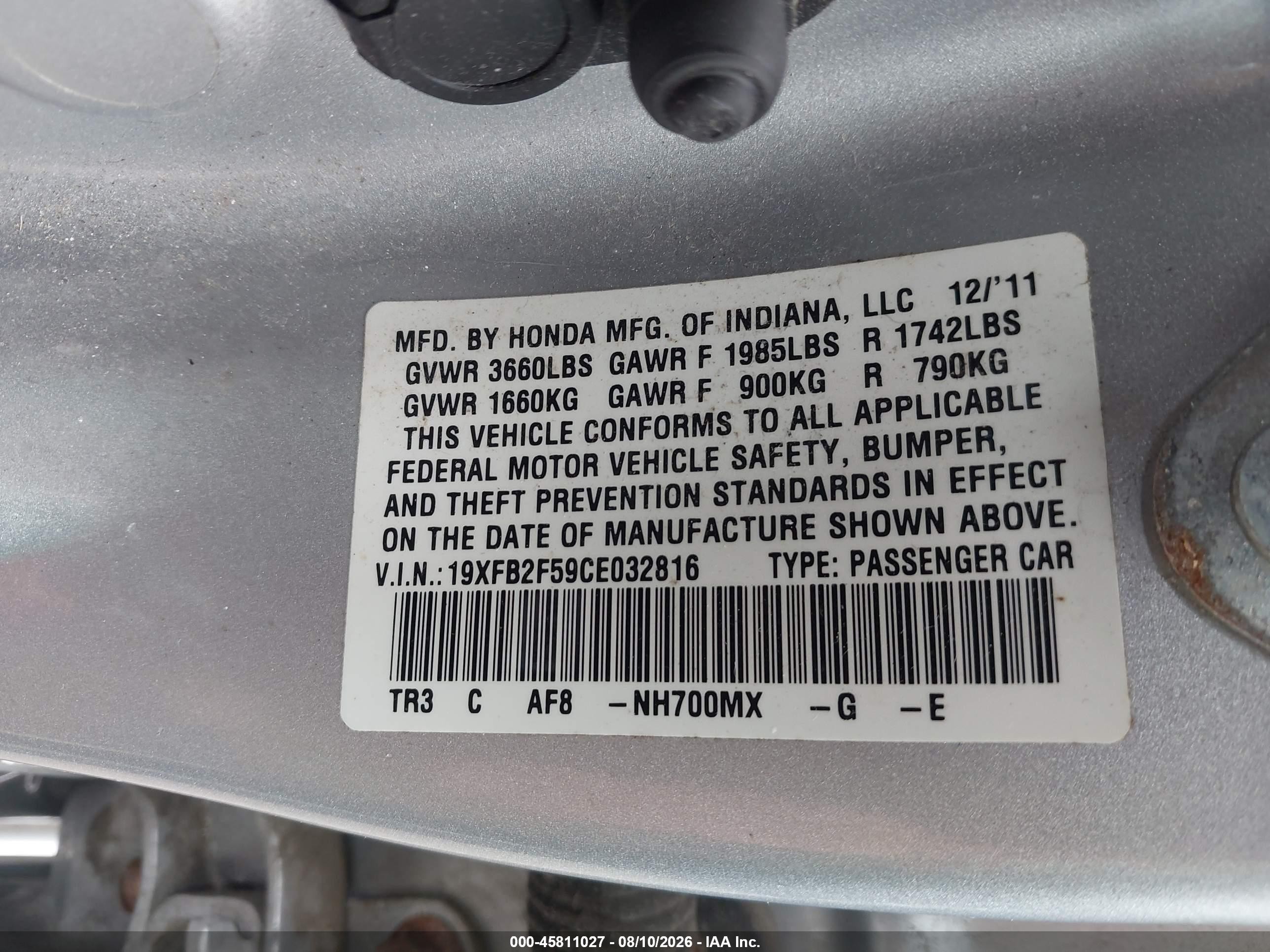 2012 Honda Civic Lx Silver vin: 19XFB2F59CE032816