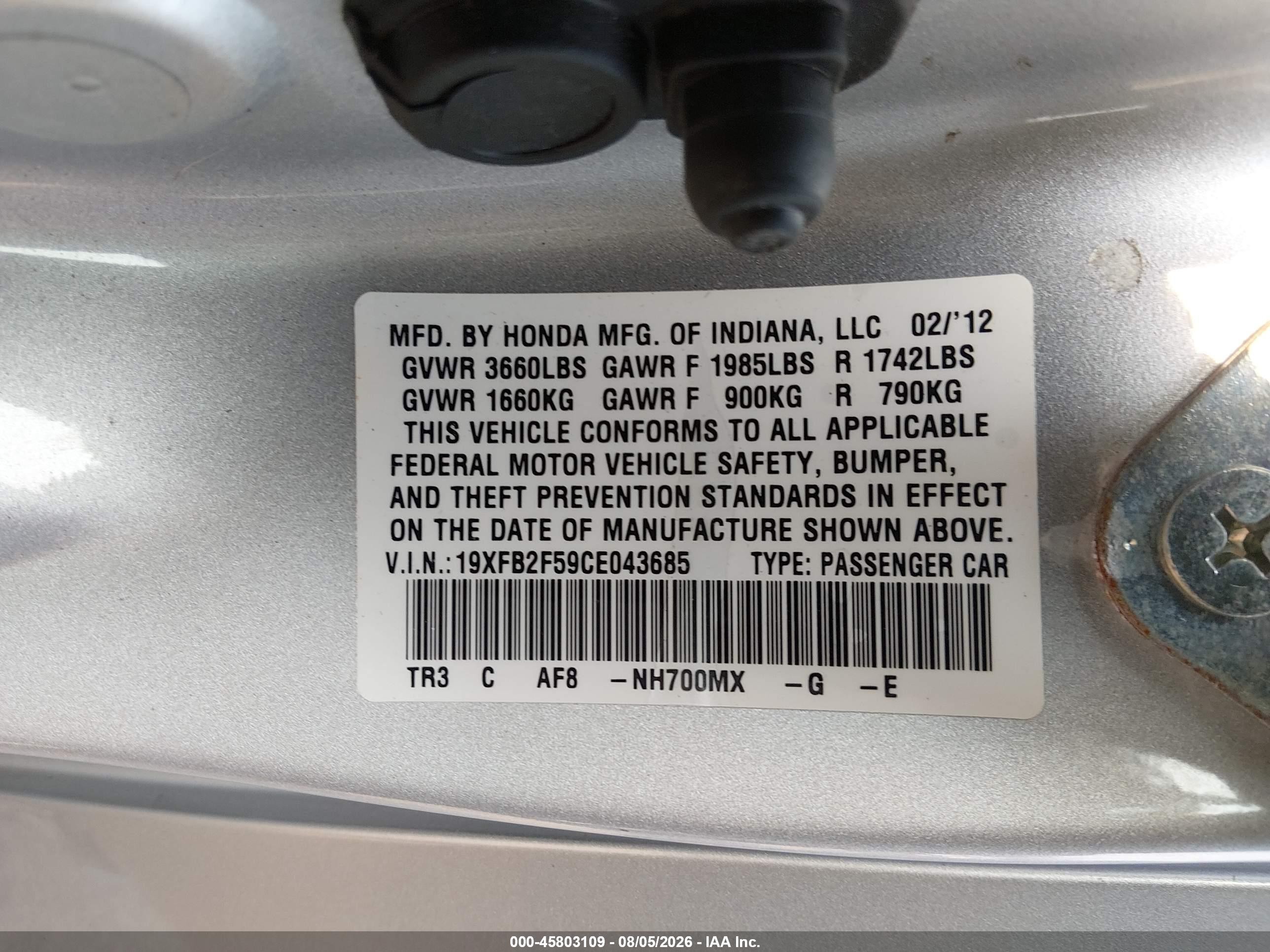 2012 Honda Civic Lx Silver vin: 19XFB2F59CE043685