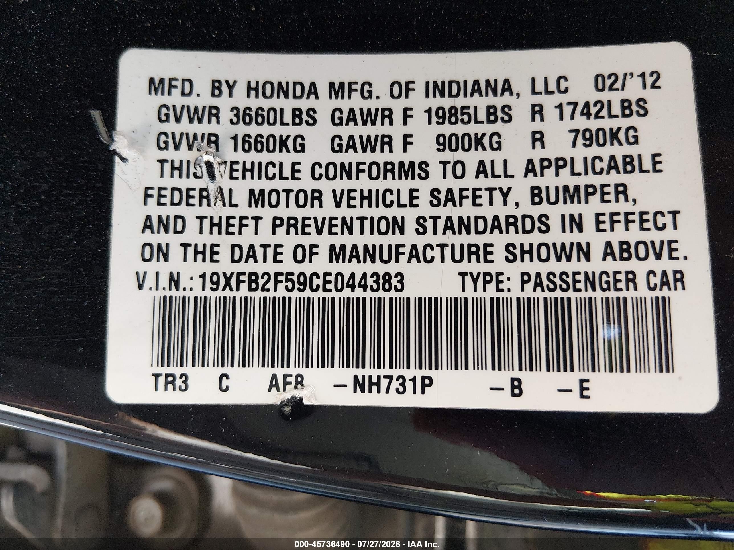 2012 Honda Civic Lx Black vin: 19XFB2F59CE044383