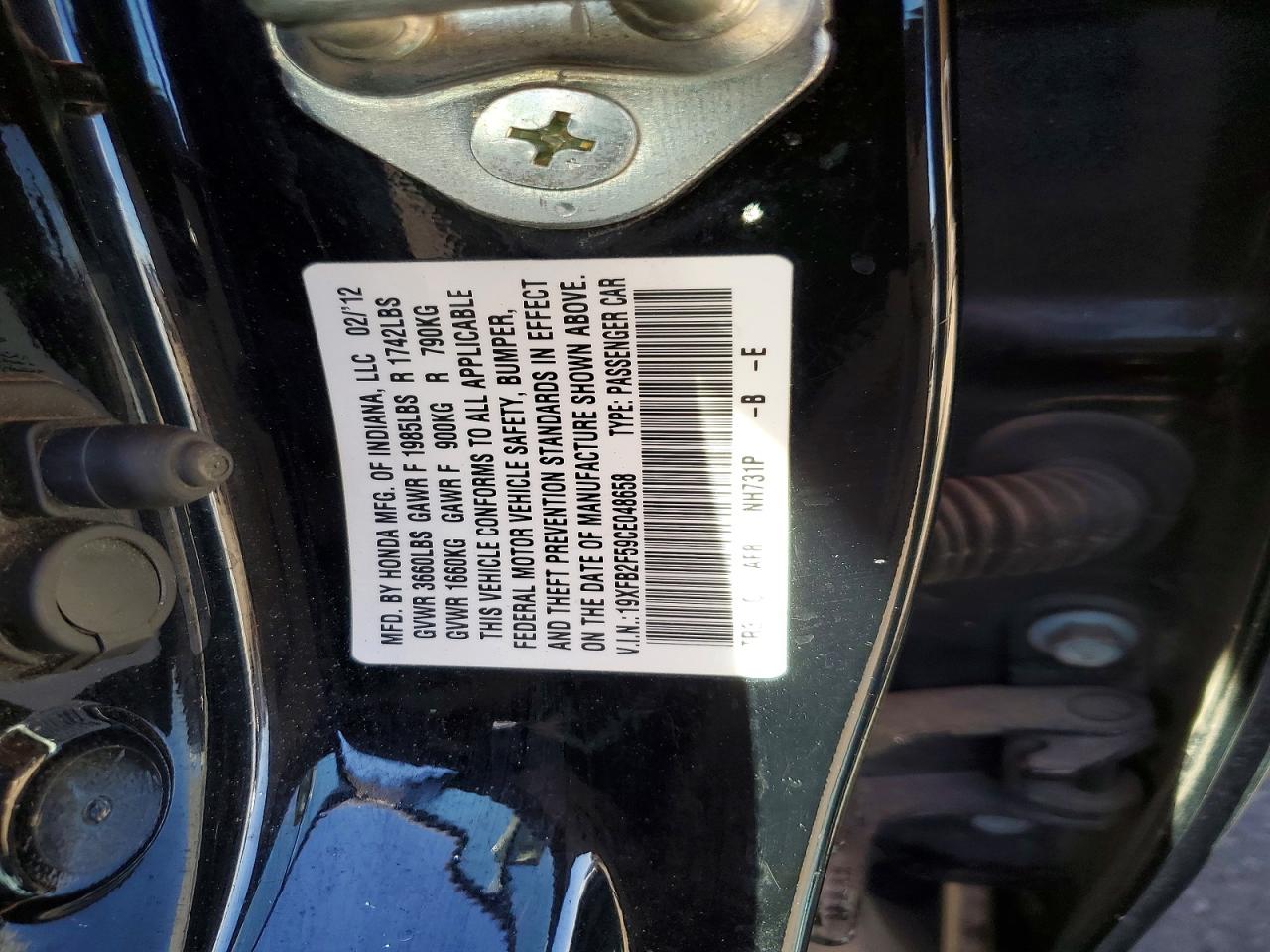 2012 Honda Civic Lx Black vin: 19XFB2F59CE048658