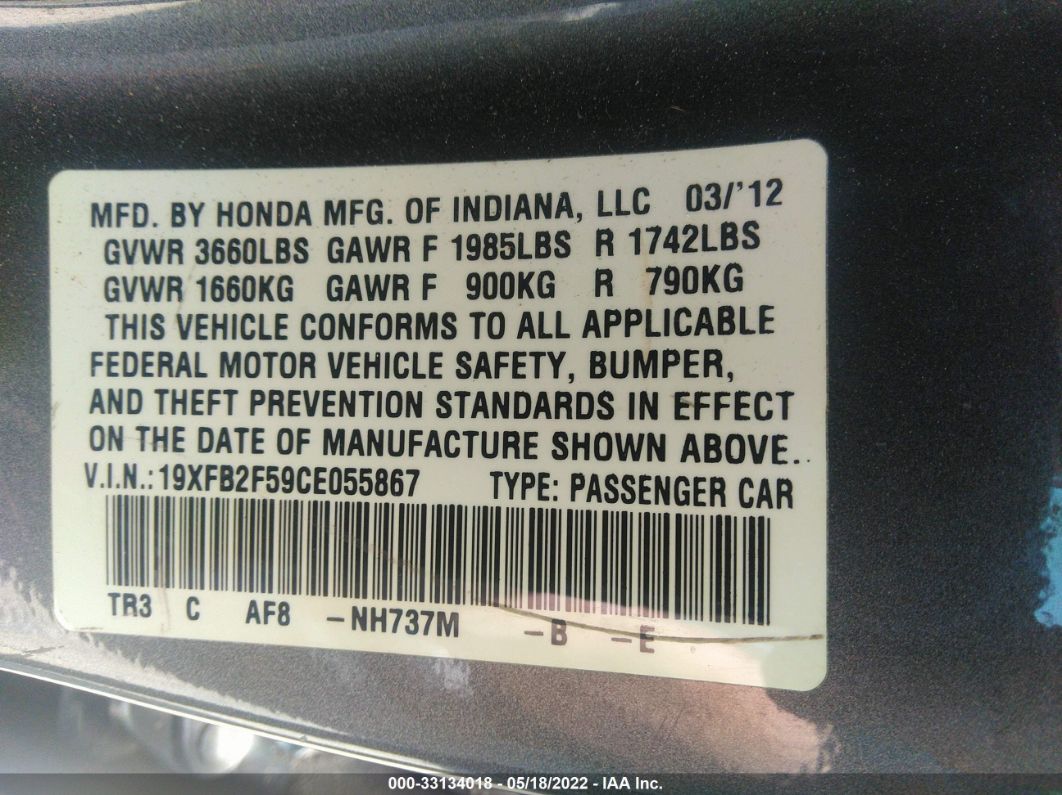 2012 Honda Civic Sdn Lx Gray vin: 19XFB2F59CE055867