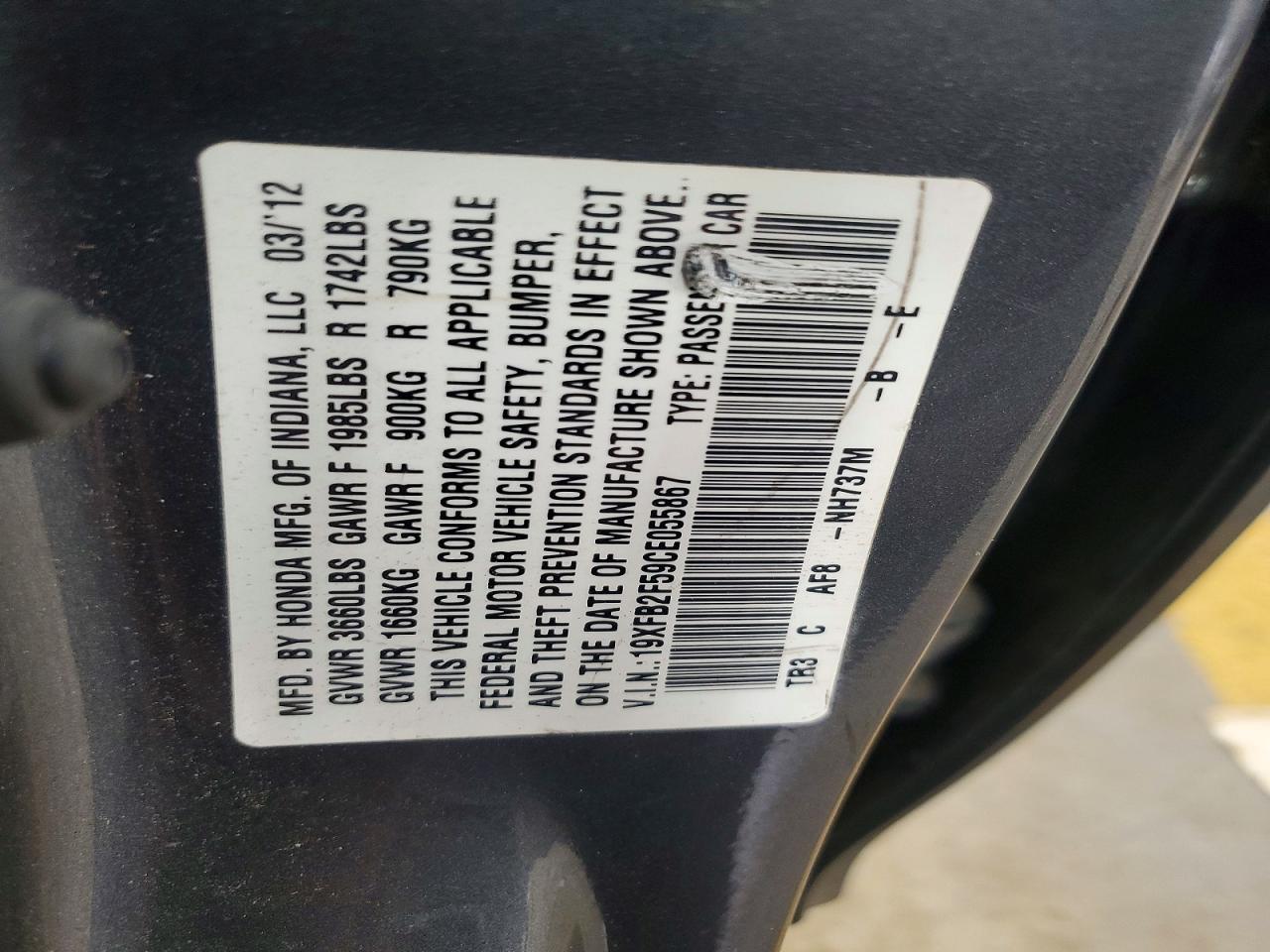 2012 Honda Civic Lx Charcoal vin: 19XFB2F59CE055867