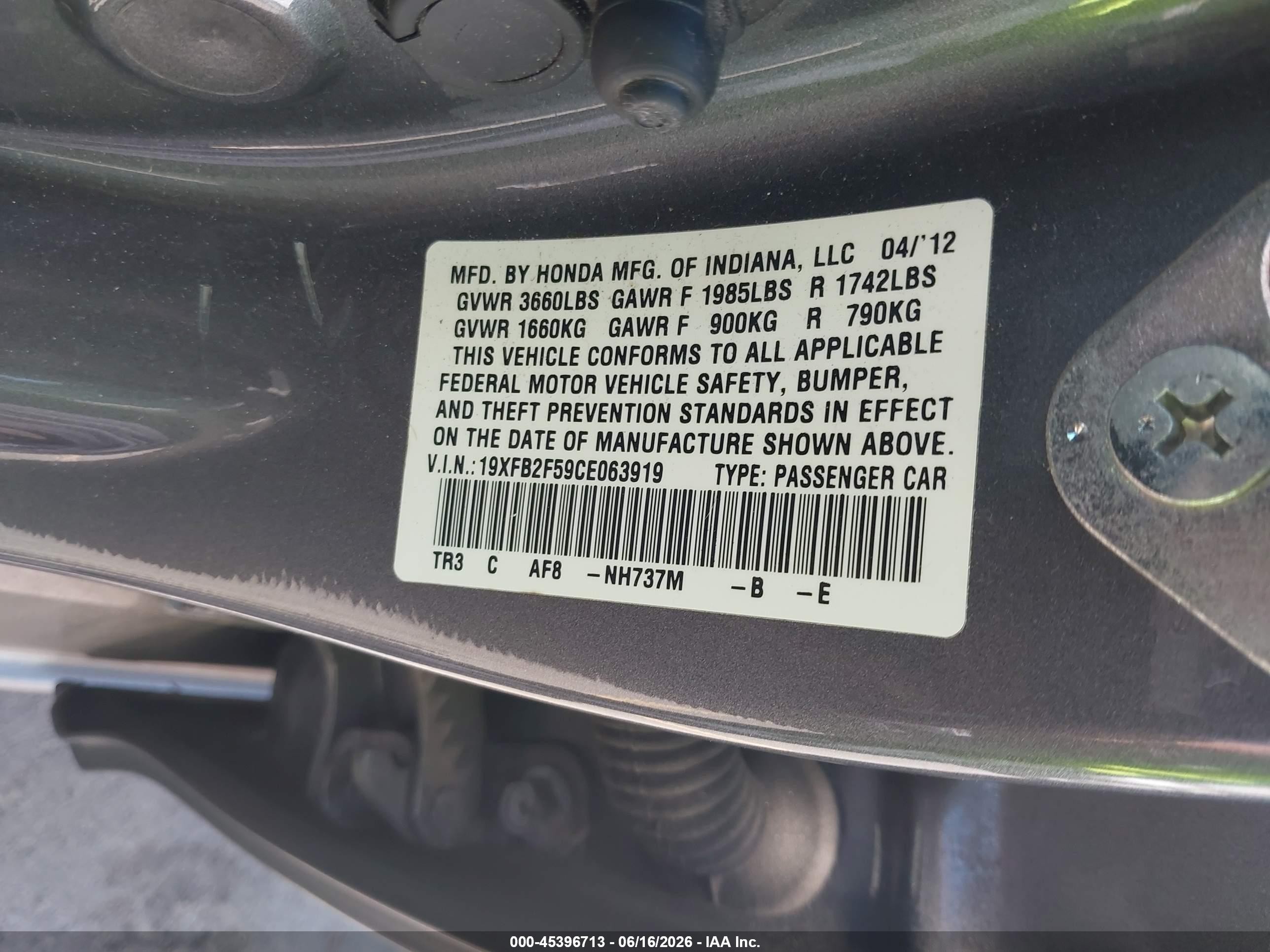 2012 Honda Civic Lx Gray vin: 19XFB2F59CE063919