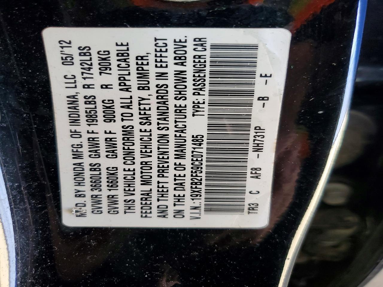 2012 Honda Civic Lx Black vin: 19XFB2F59CE071485