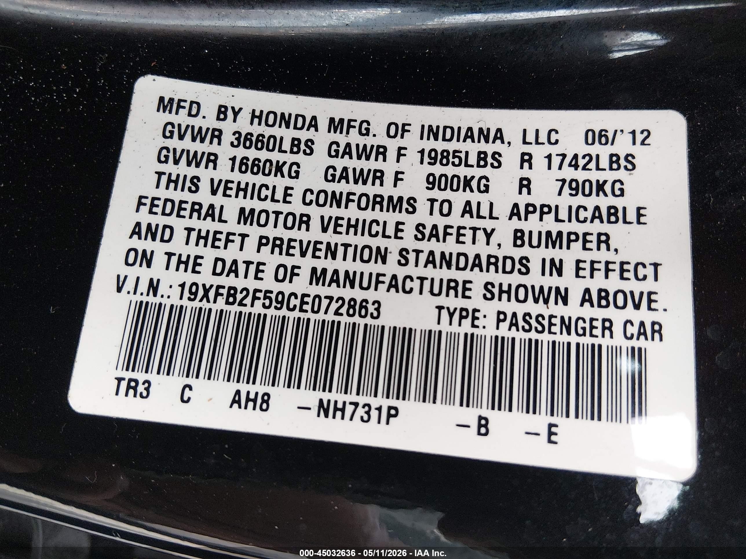 2012 Honda Civic Lx Черный vin: 19XFB2F59CE072863