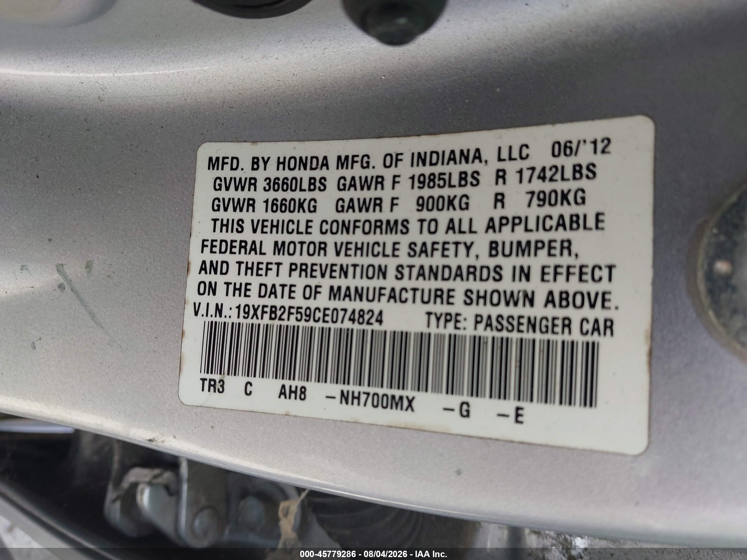 2012 Honda Civic Lx Silver vin: 19XFB2F59CE074824