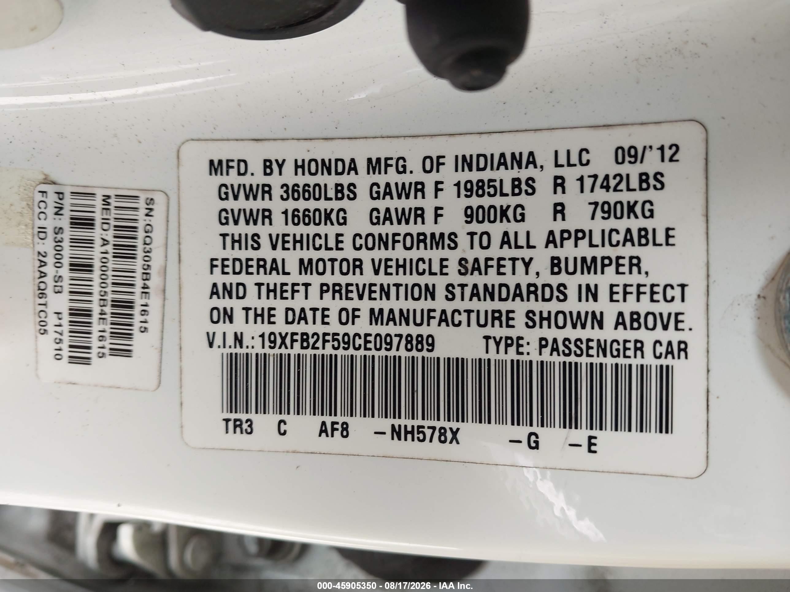 2012 Honda Civic Lx White vin: 19XFB2F59CE097889