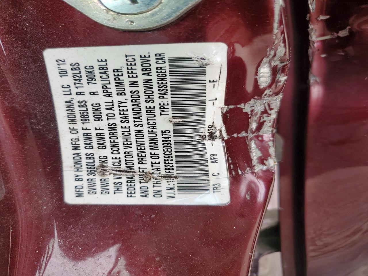 2012 Honda Civic Lx Burgundy vin: 19XFB2F59CE098475