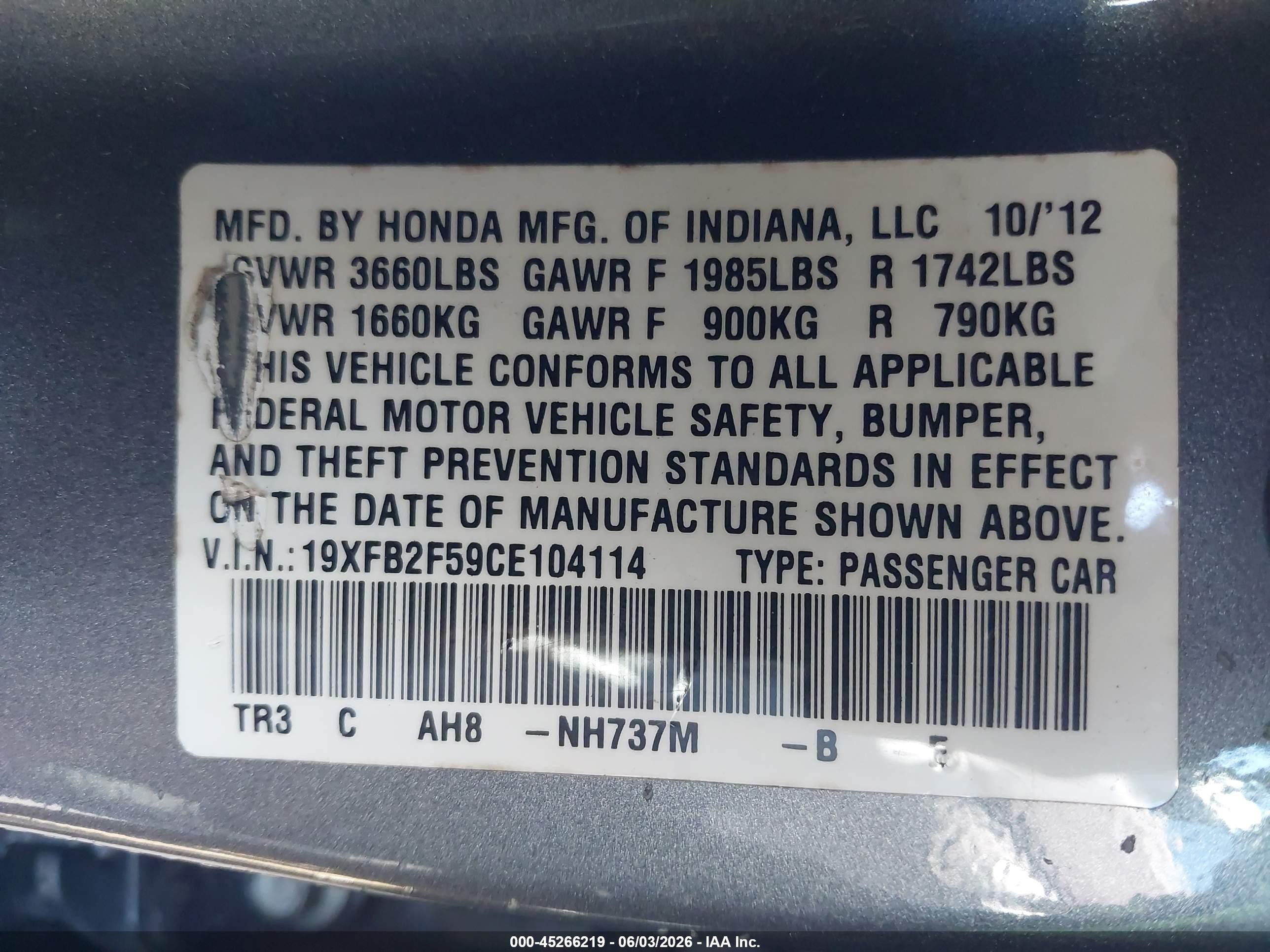 2012 Honda Civic Lx Gray vin: 19XFB2F59CE104114