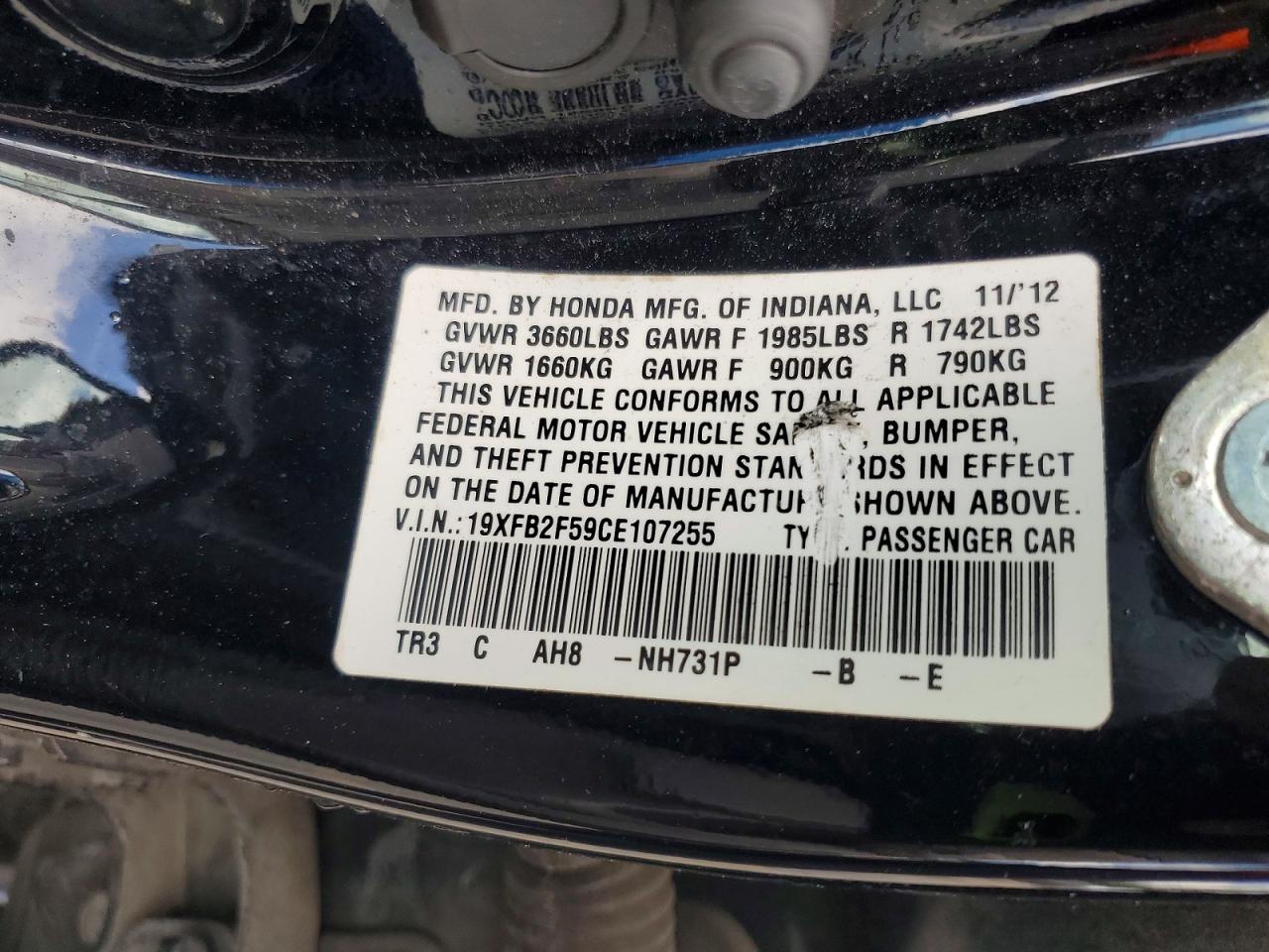 2012 Honda Civic Lx Black vin: 19XFB2F59CE107255