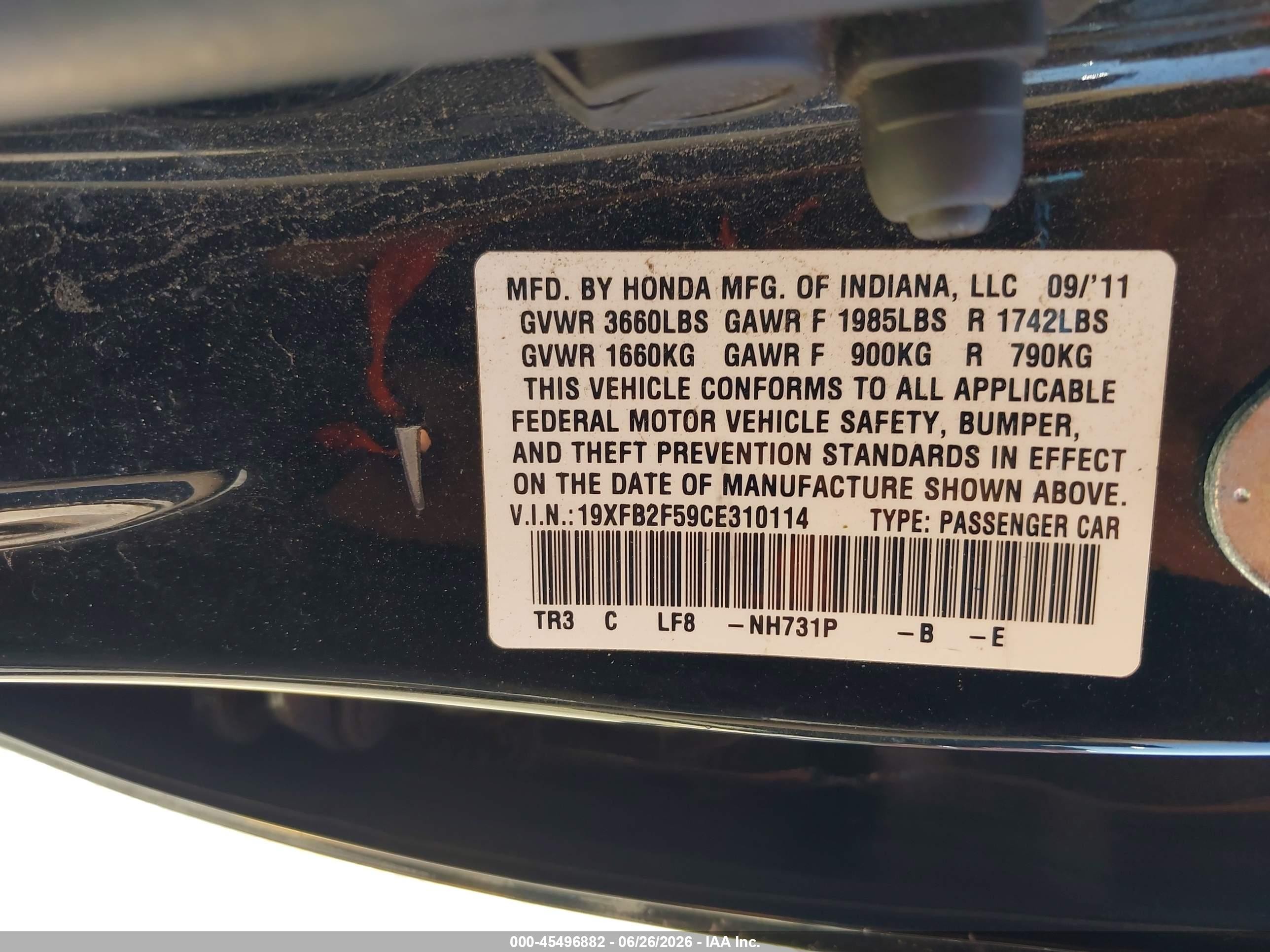 2012 Honda Civic Lx Black vin: 19XFB2F59CE310114