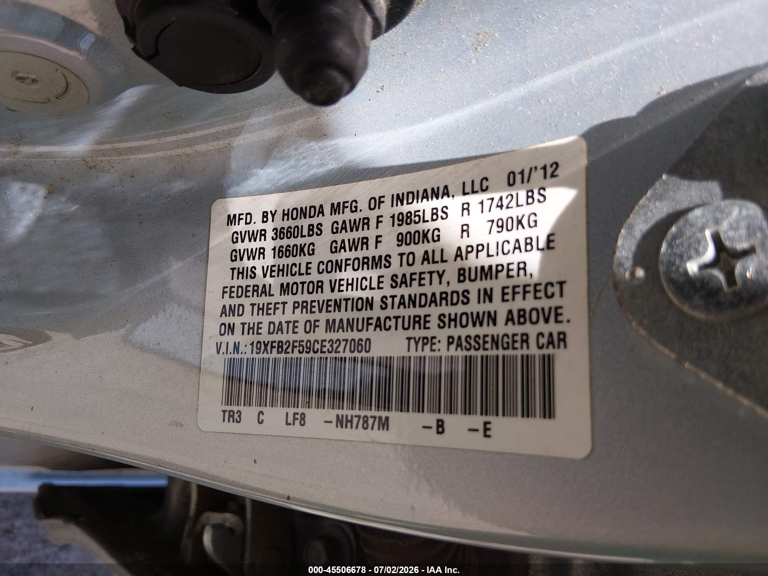 2012 Honda Civic Lx Light Blue vin: 19XFB2F59CE327060