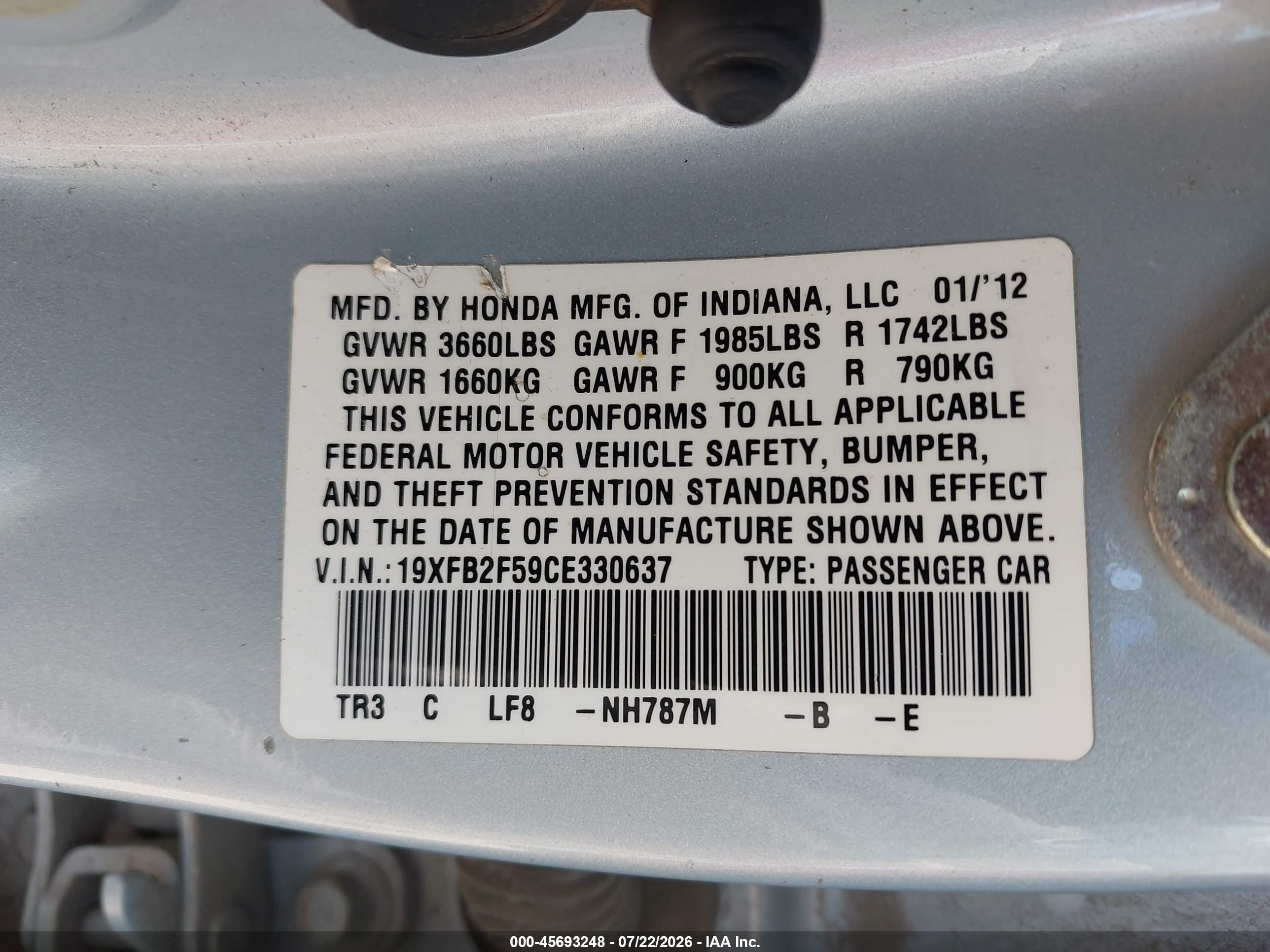 2012 Honda Civic Lx Light Blue vin: 19XFB2F59CE330637