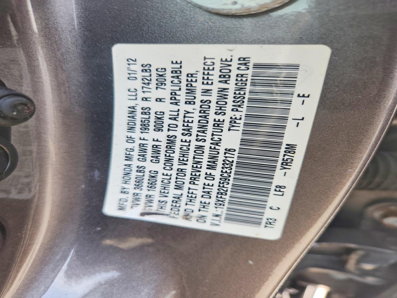 2012 Honda Civic Lx Gray vin: 19XFB2F59CE332176