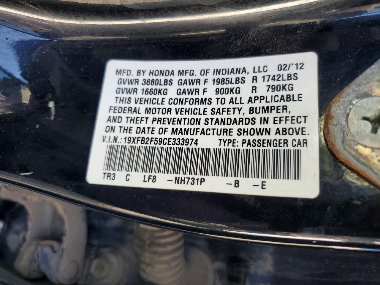 2012 Honda Civic Lx Черный vin: 19XFB2F59CE333974