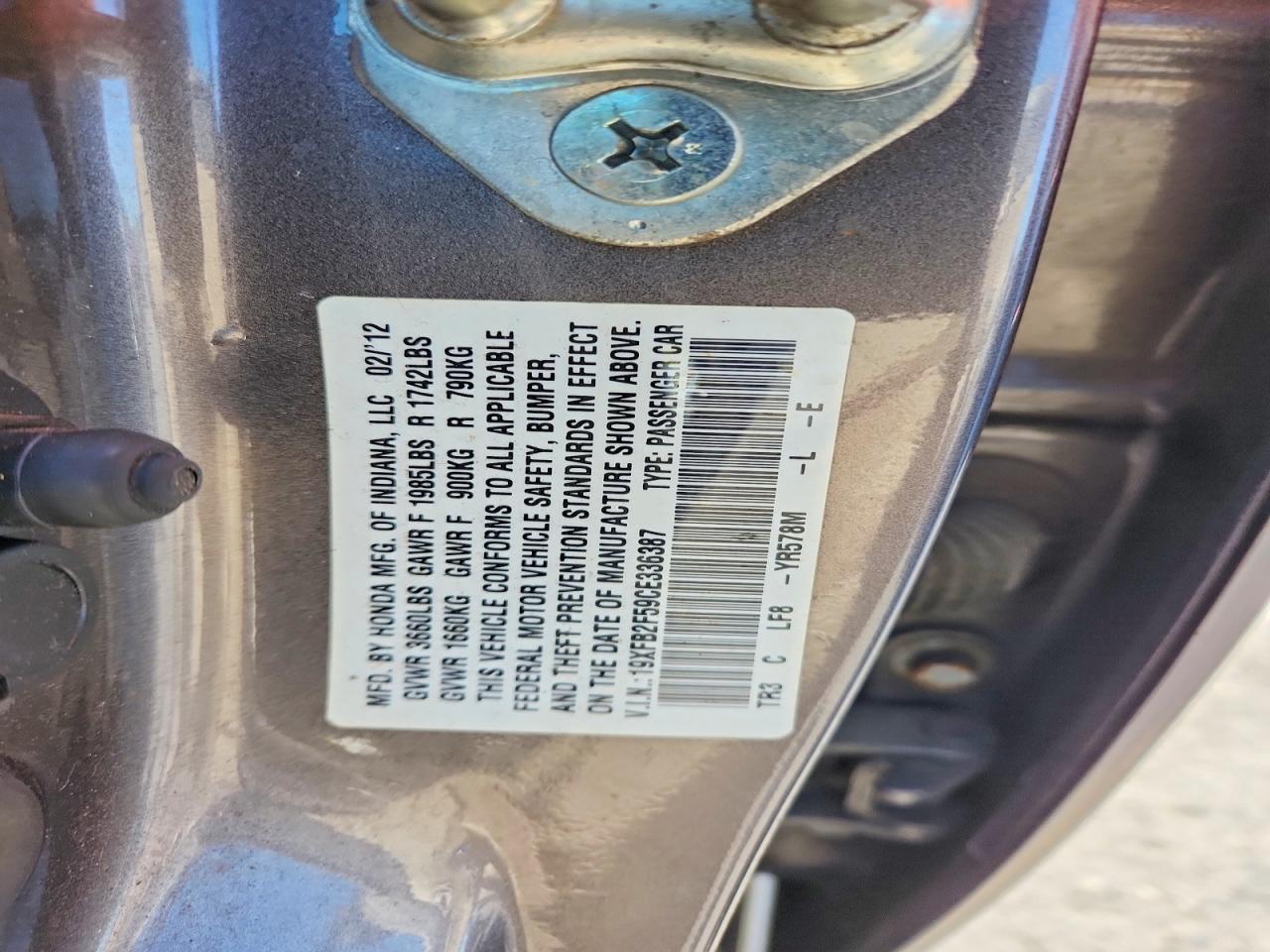 2012 Honda Civic Lx Gray vin: 19XFB2F59CE336387