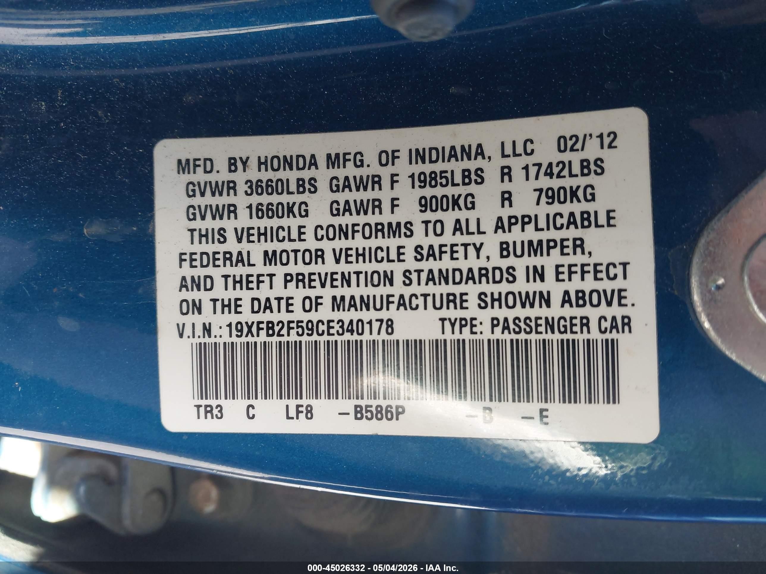 2012 Honda Civic Lx Blue vin: 19XFB2F59CE340178