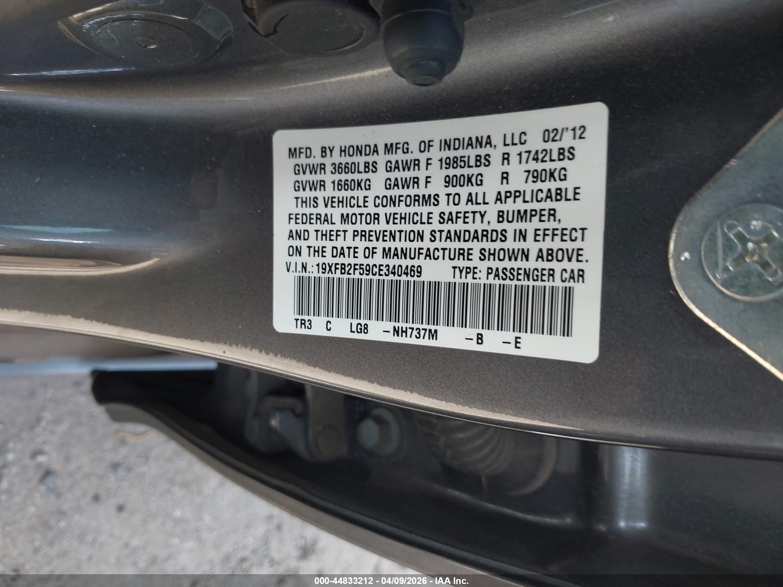 2012 Honda Civic Lx Gray vin: 19XFB2F59CE340469