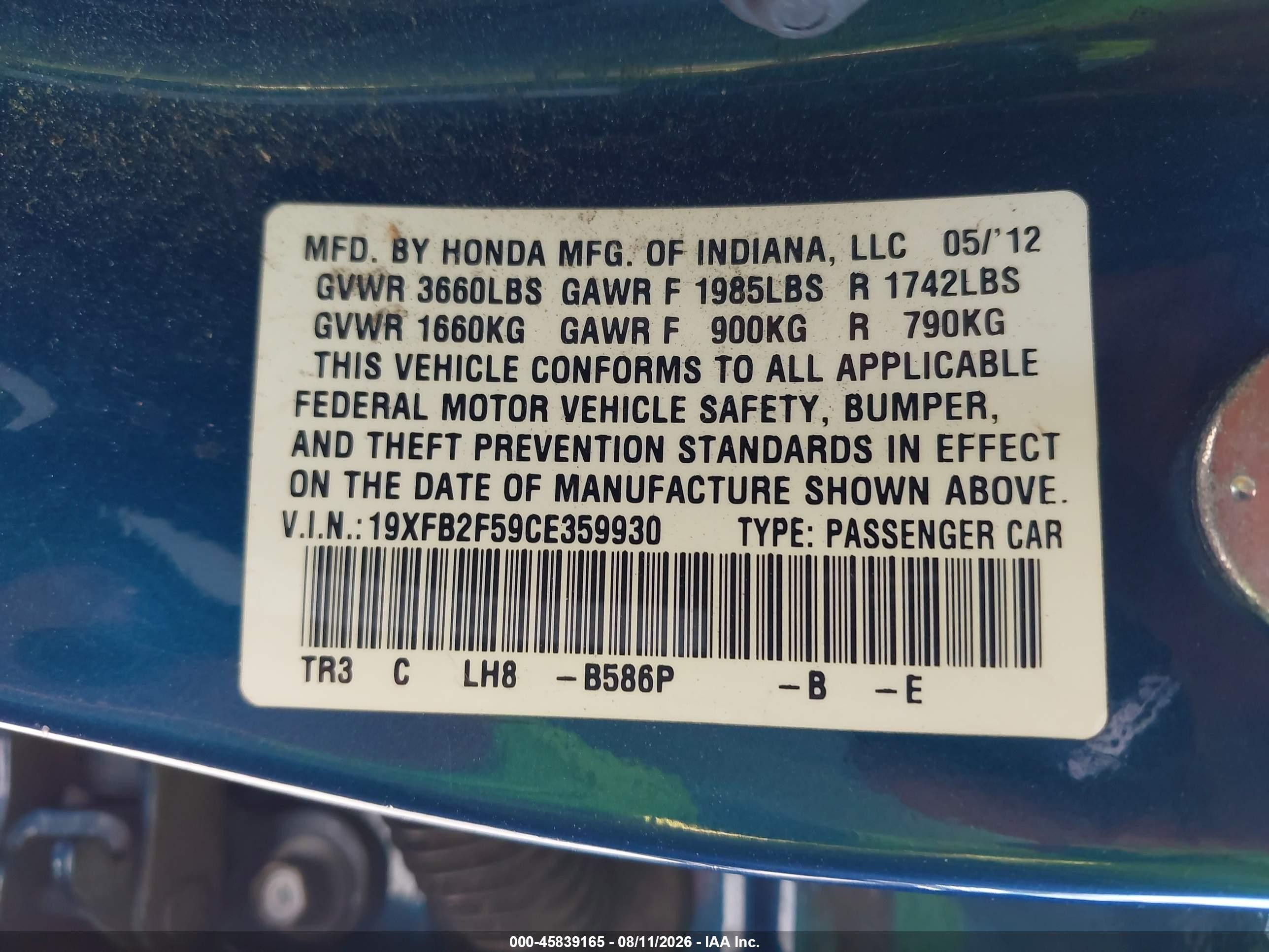 2012 Honda Civic Lx Blue vin: 19XFB2F59CE359930