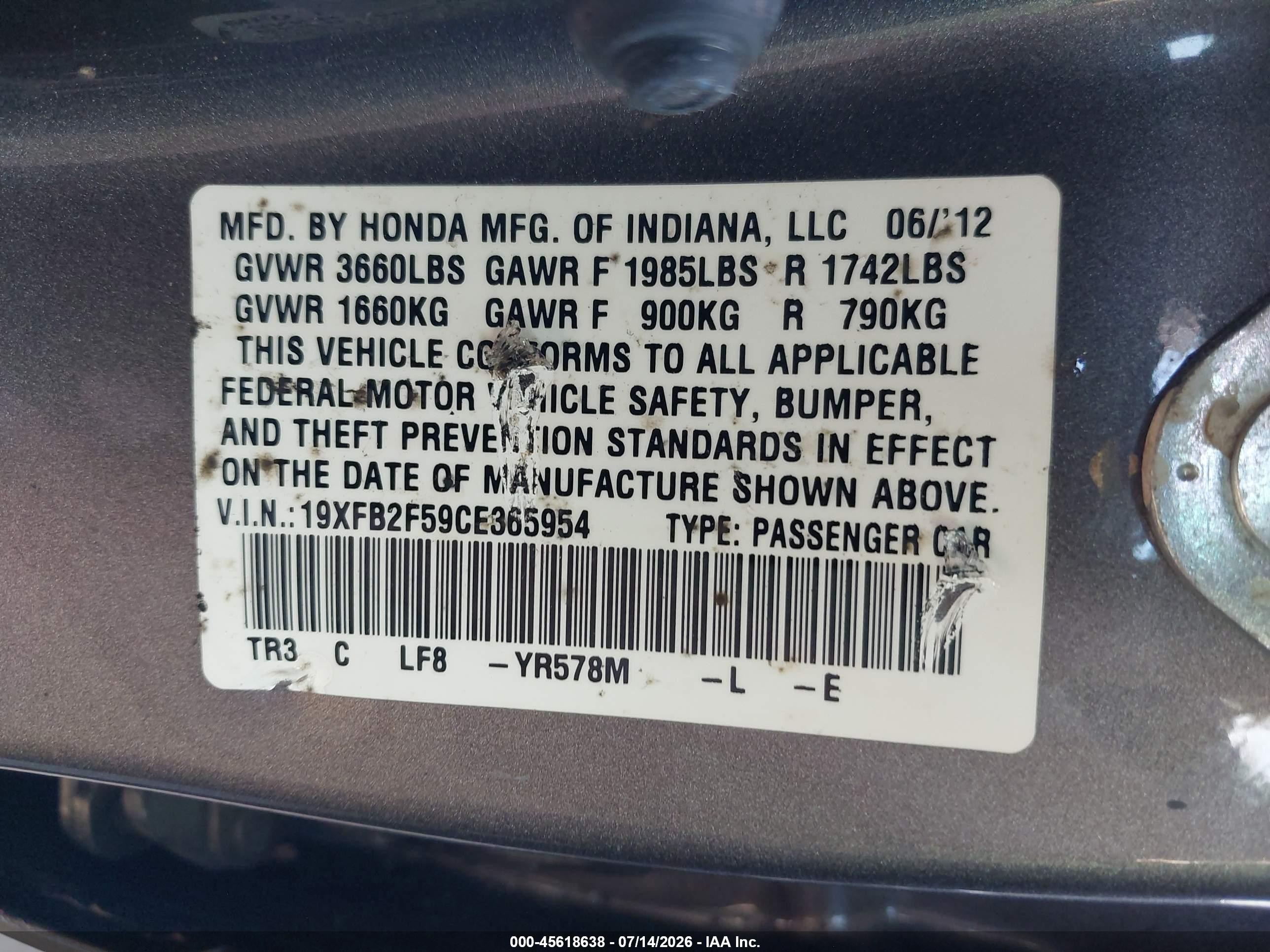 2012 Honda Civic Lx Gray vin: 19XFB2F59CE365954