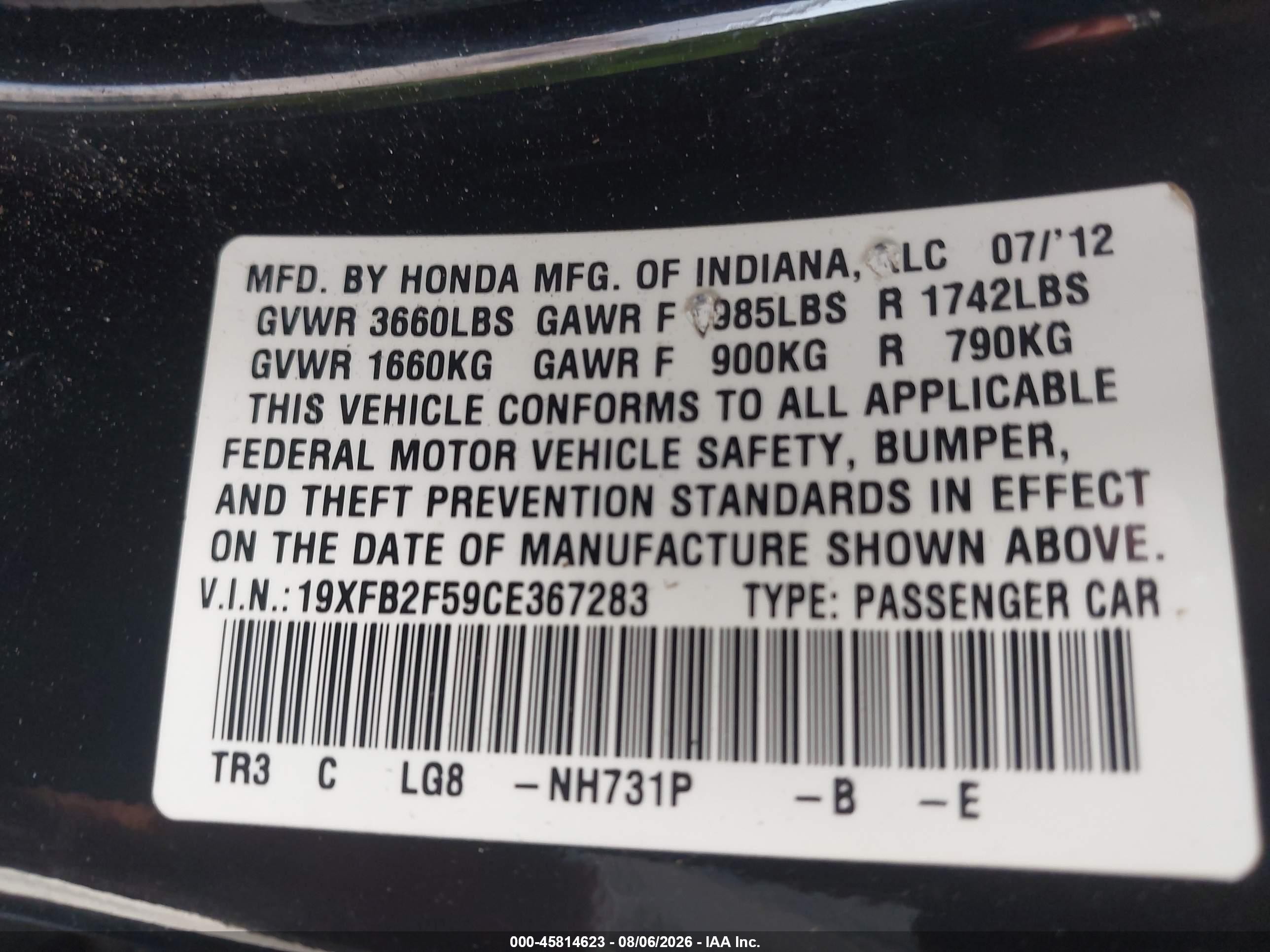 2012 Honda Civic Lx Black vin: 19XFB2F59CE367283