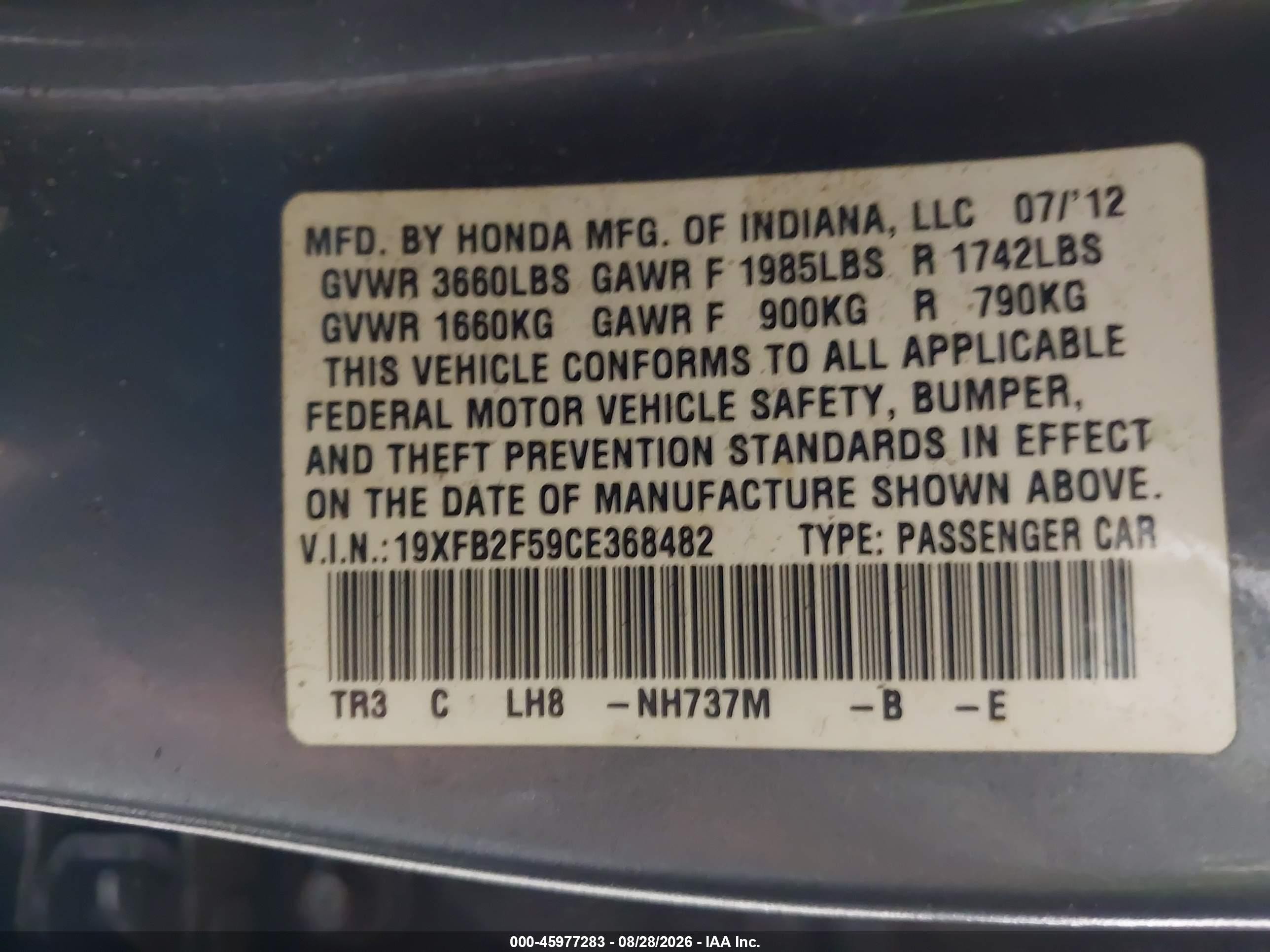 2012 Honda Civic Lx Gray vin: 19XFB2F59CE368482