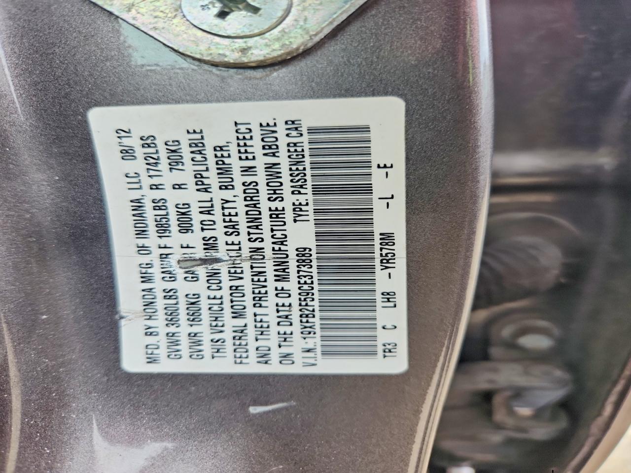 2012 Honda Civic Lx Gray vin: 19XFB2F59CE373889