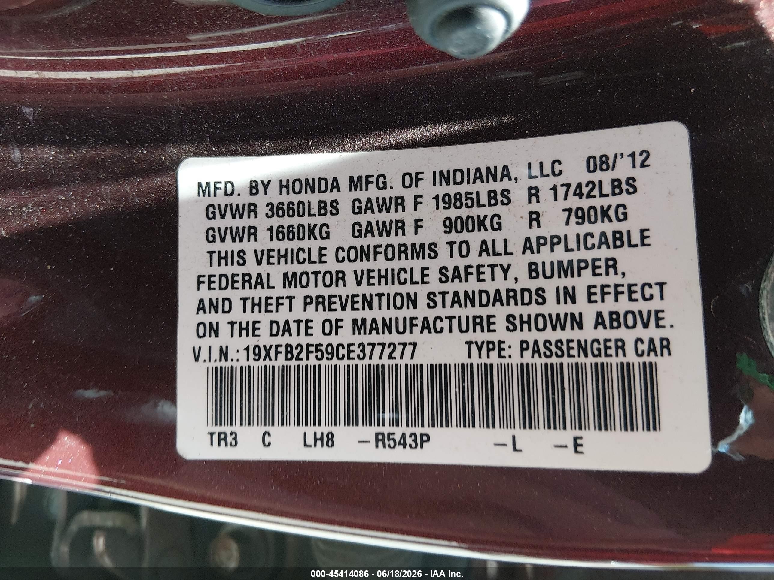2012 Honda Civic Lx Burgundy vin: 19XFB2F59CE377277