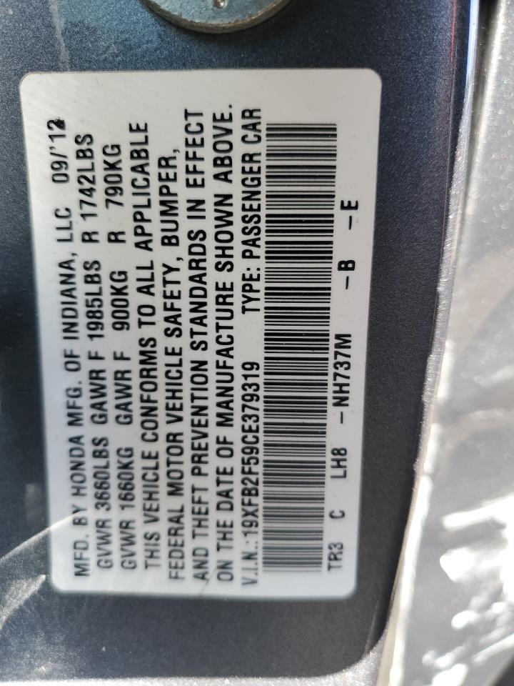 2012 Honda Civic Lx Gray vin: 19XFB2F59CE379319
