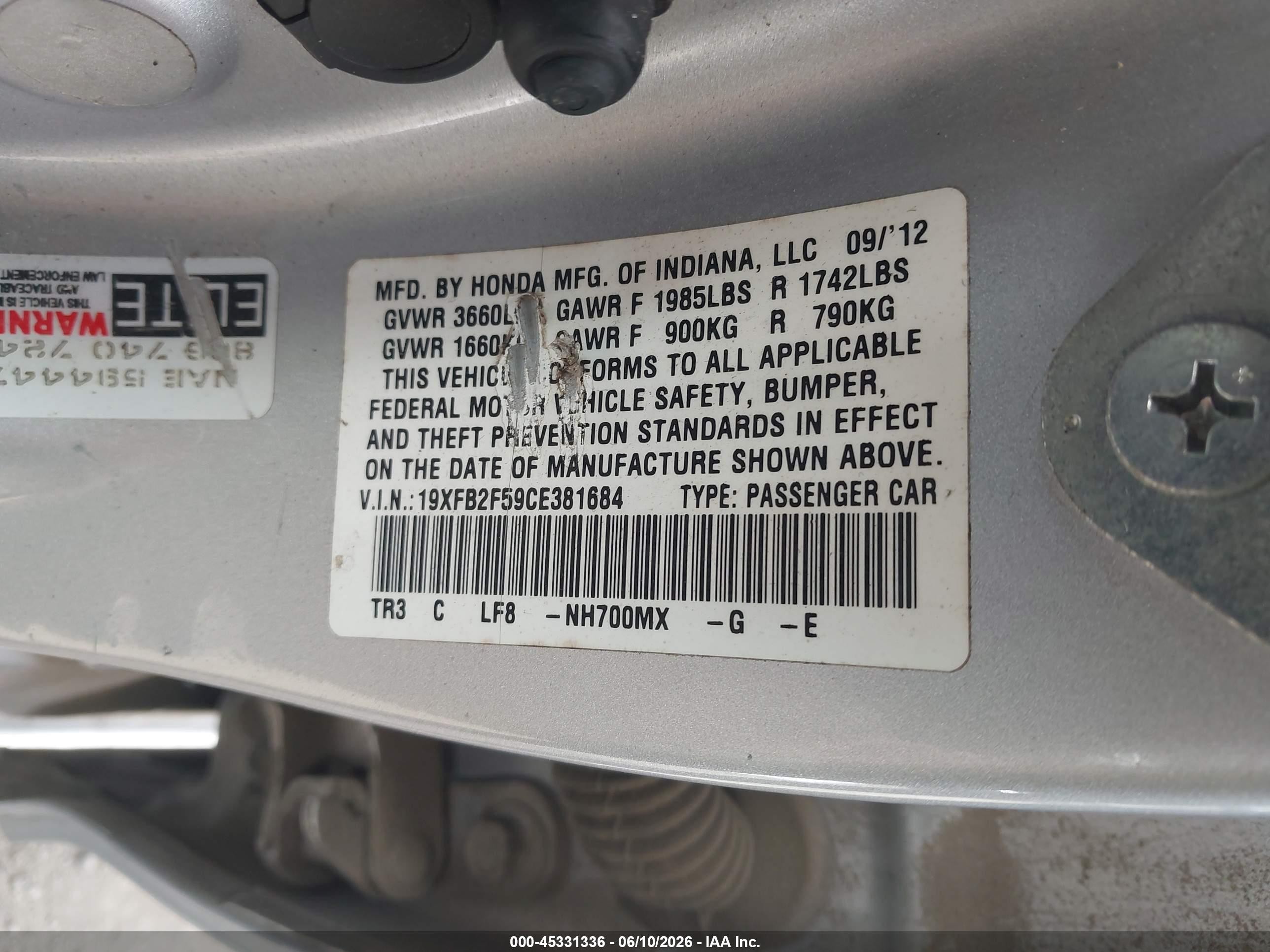 2012 Honda Civic Lx Silver vin: 19XFB2F59CE381684