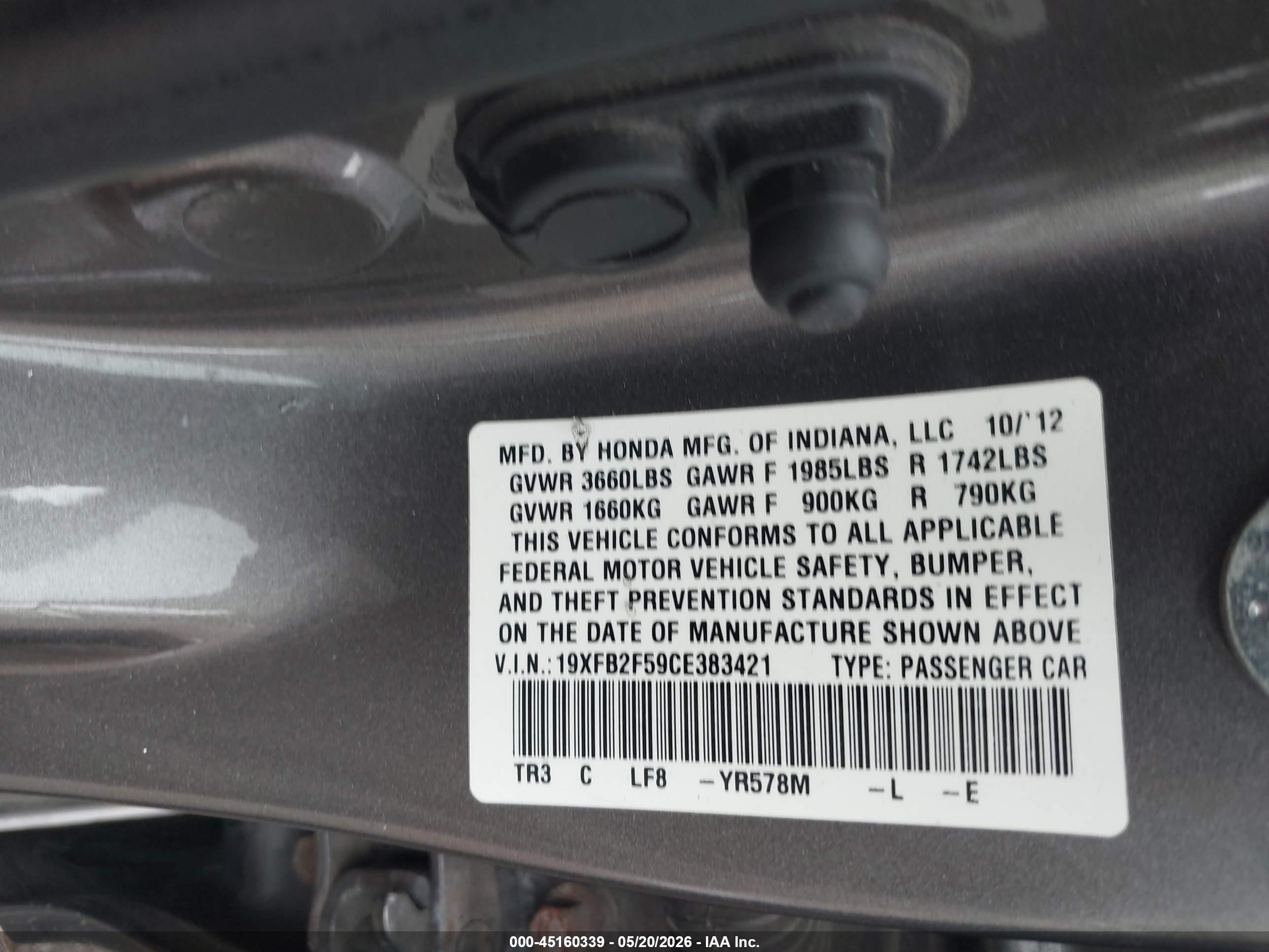 2012 Honda Civic Lx Gray vin: 19XFB2F59CE383421