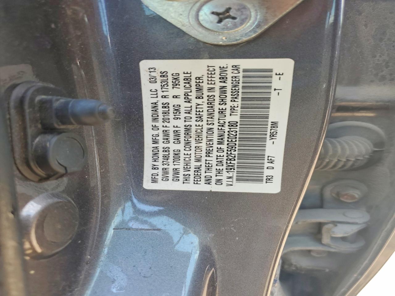 2013 Honda Civic Lx Gray vin: 19XFB2F59DE023180