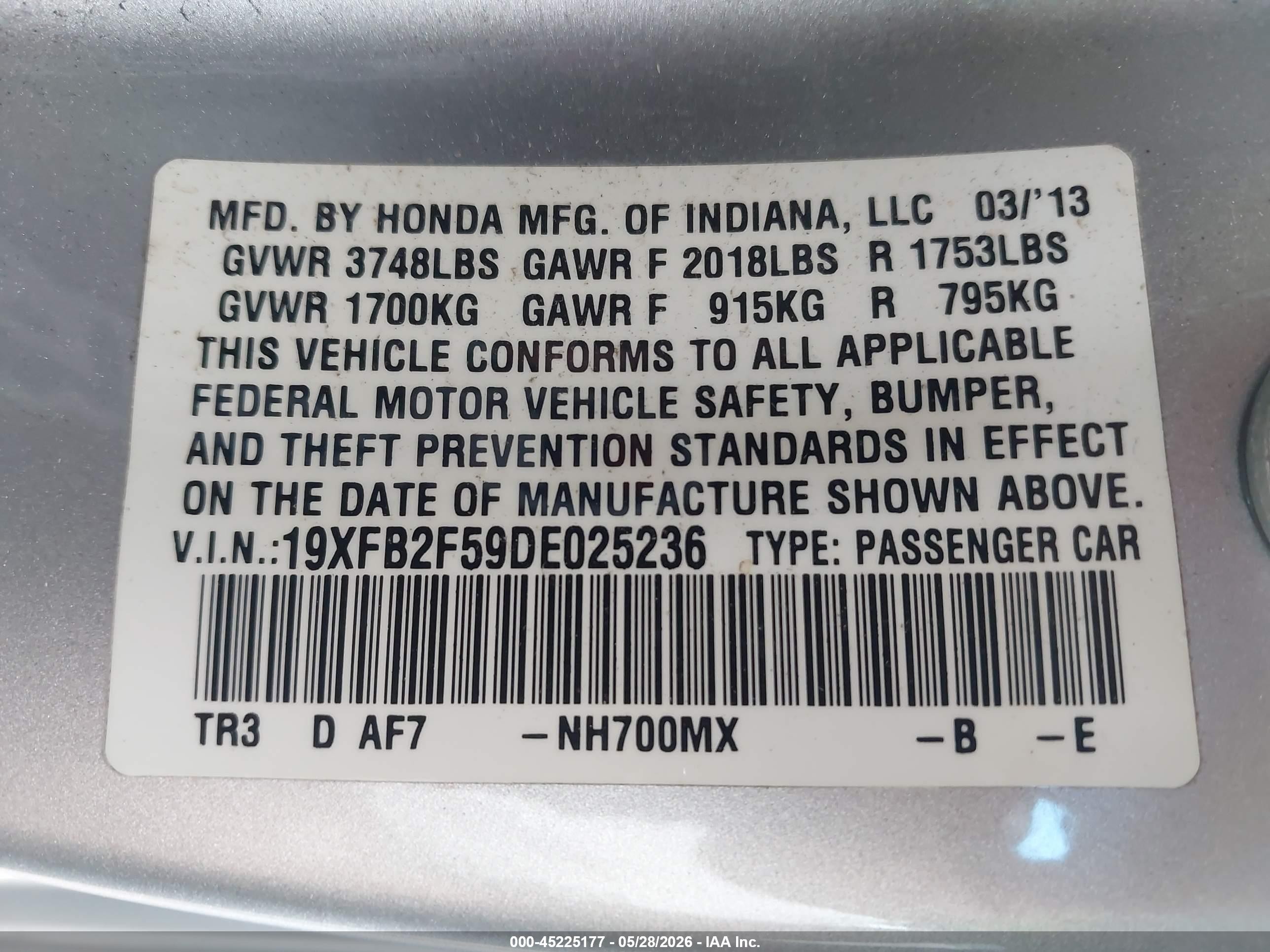 2013 Honda Civic Lx Silver vin: 19XFB2F59DE025236